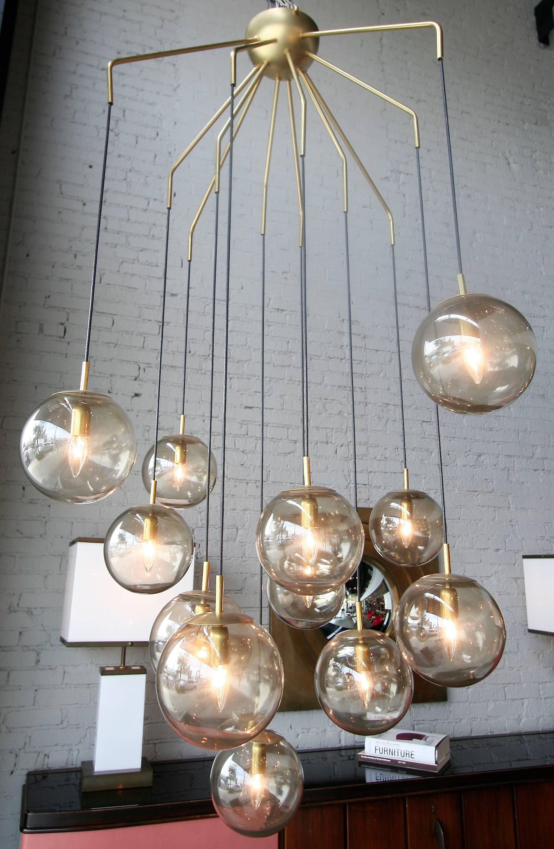 Murano 1970s chandelier with 12 cascading smoked glass balls.