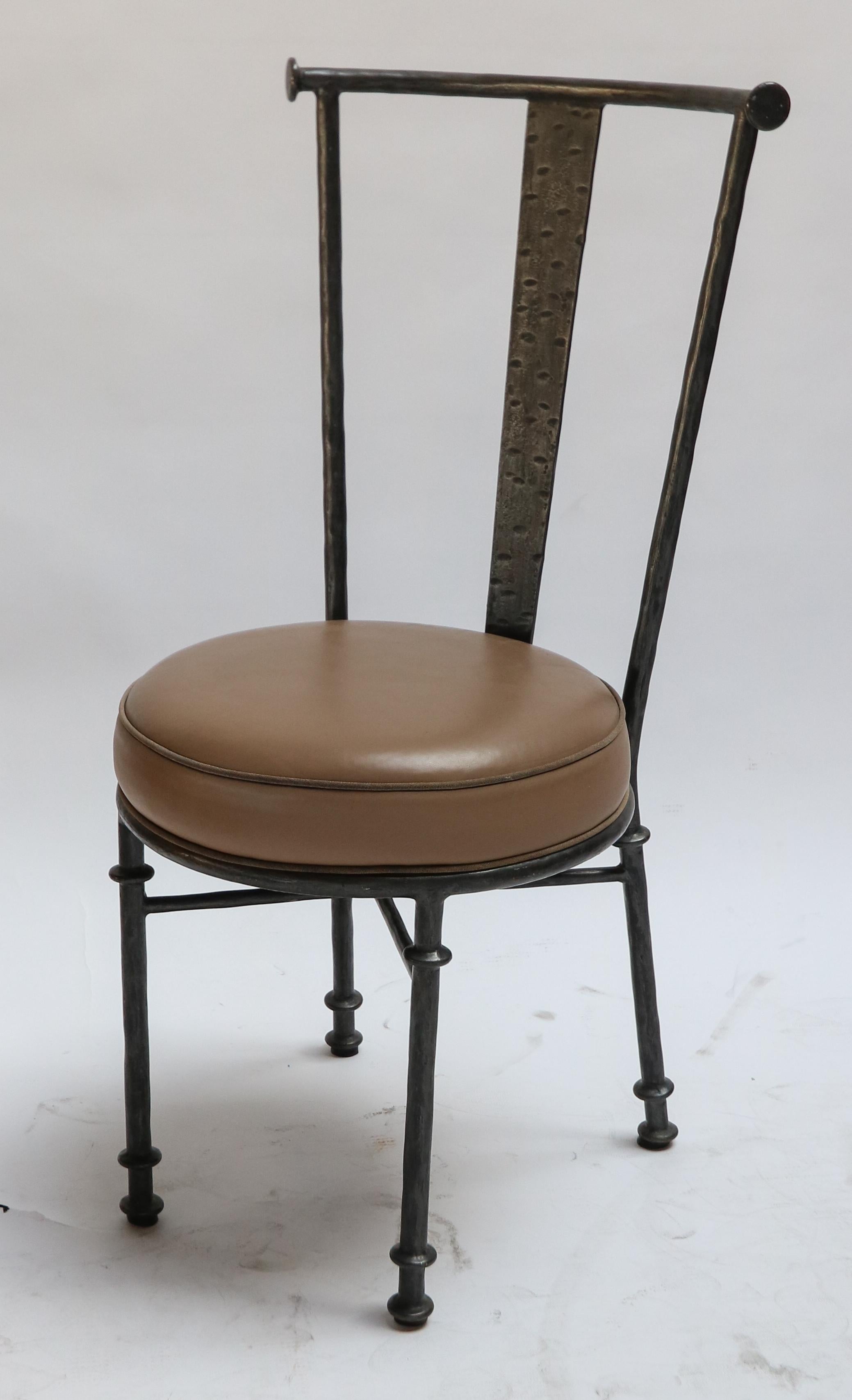 20th Century Set of Eight Iron Side Chairs in Brown Leather, 1980s