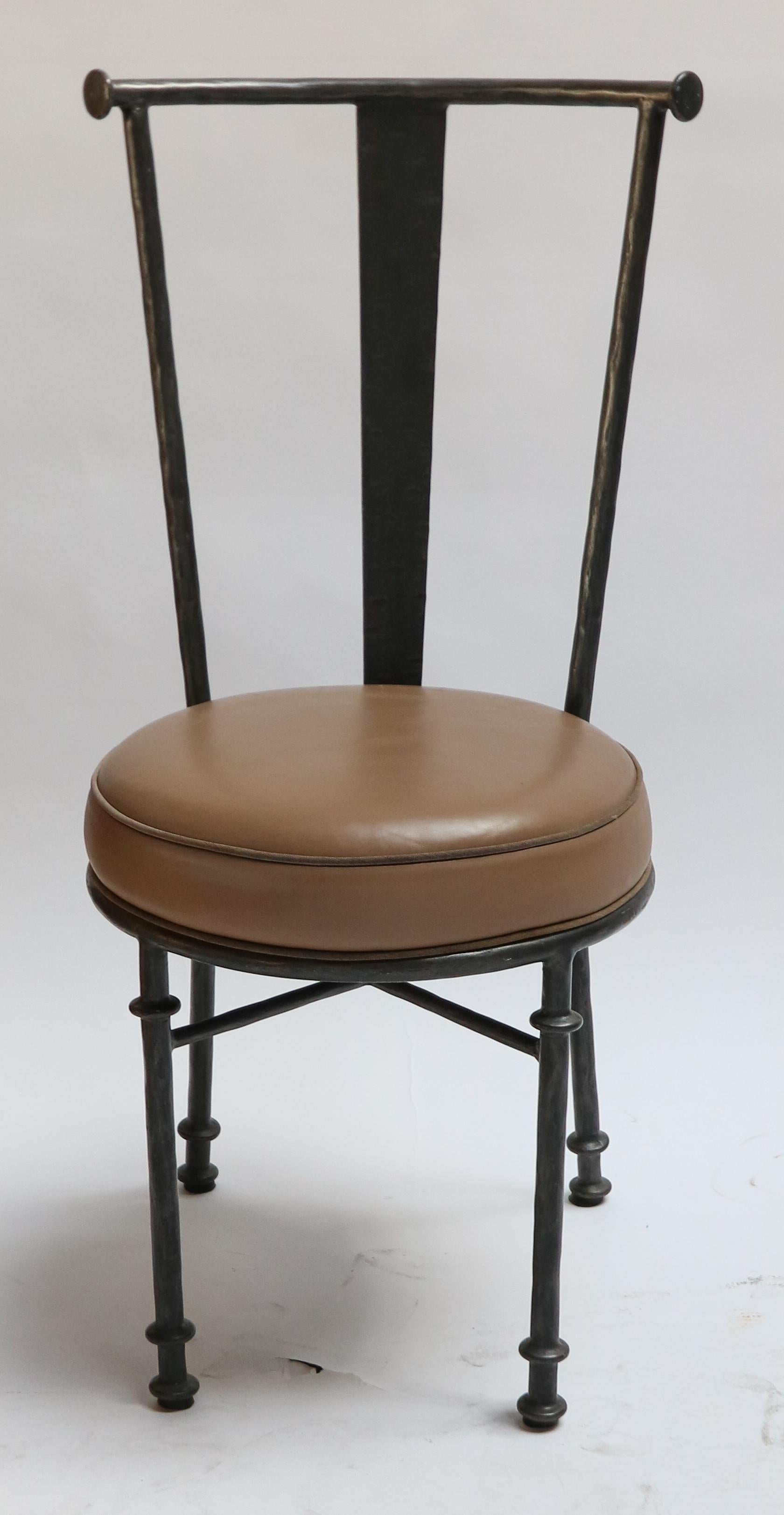 Set of Eight Iron Side Chairs in Brown Leather, 1980s 1