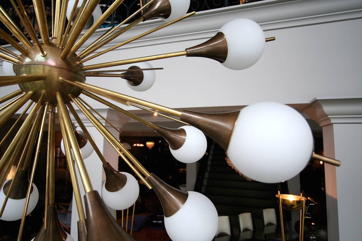 Contemporary Brass Sputnik Chandelier with White Balls For Sale