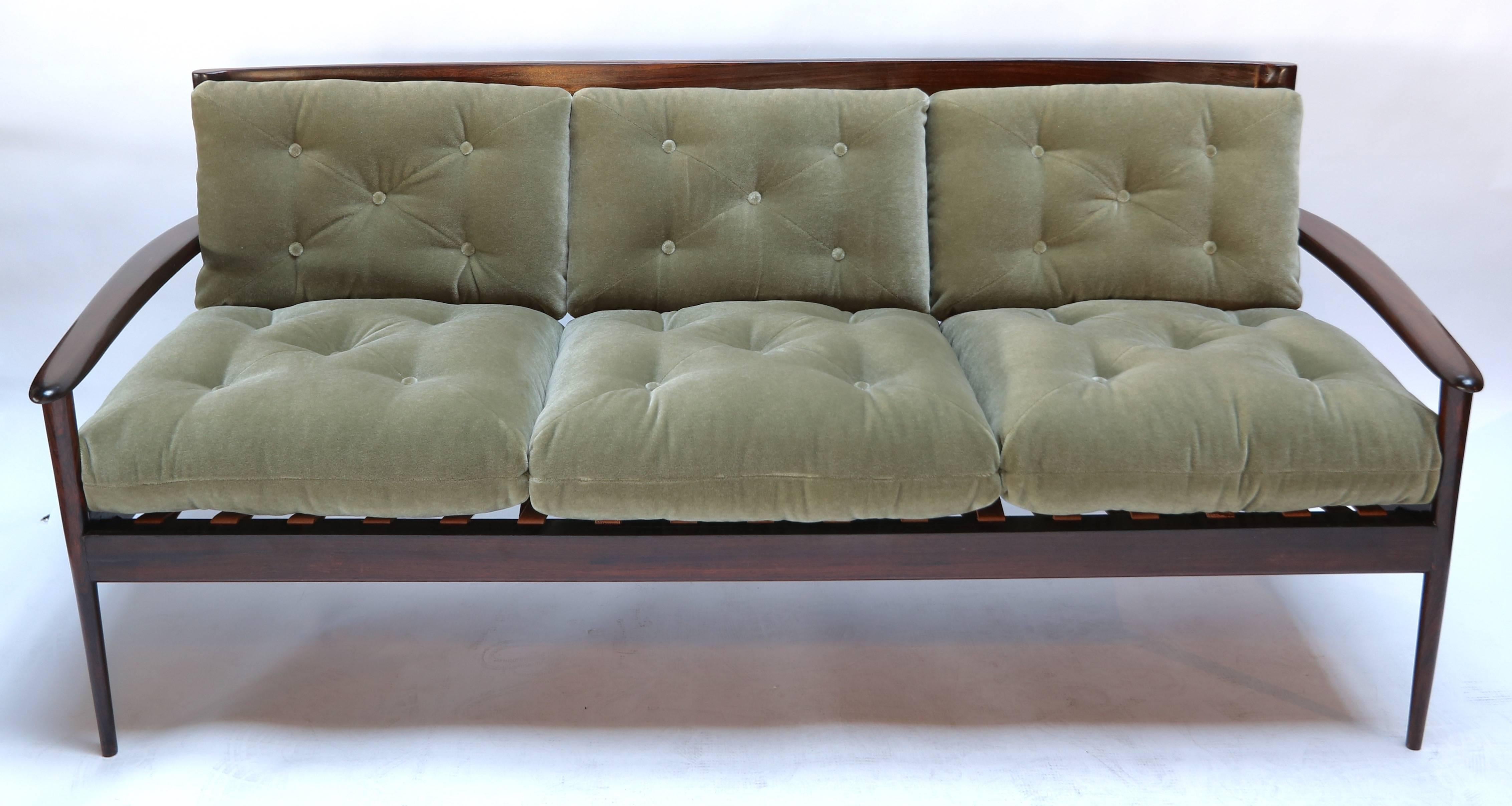 Brazilian jacaranda wood 1960s three-seat sofa by Rino Levi upholstered in green mohair.

A pair of matching armchairs (LU81754799563) is also available.