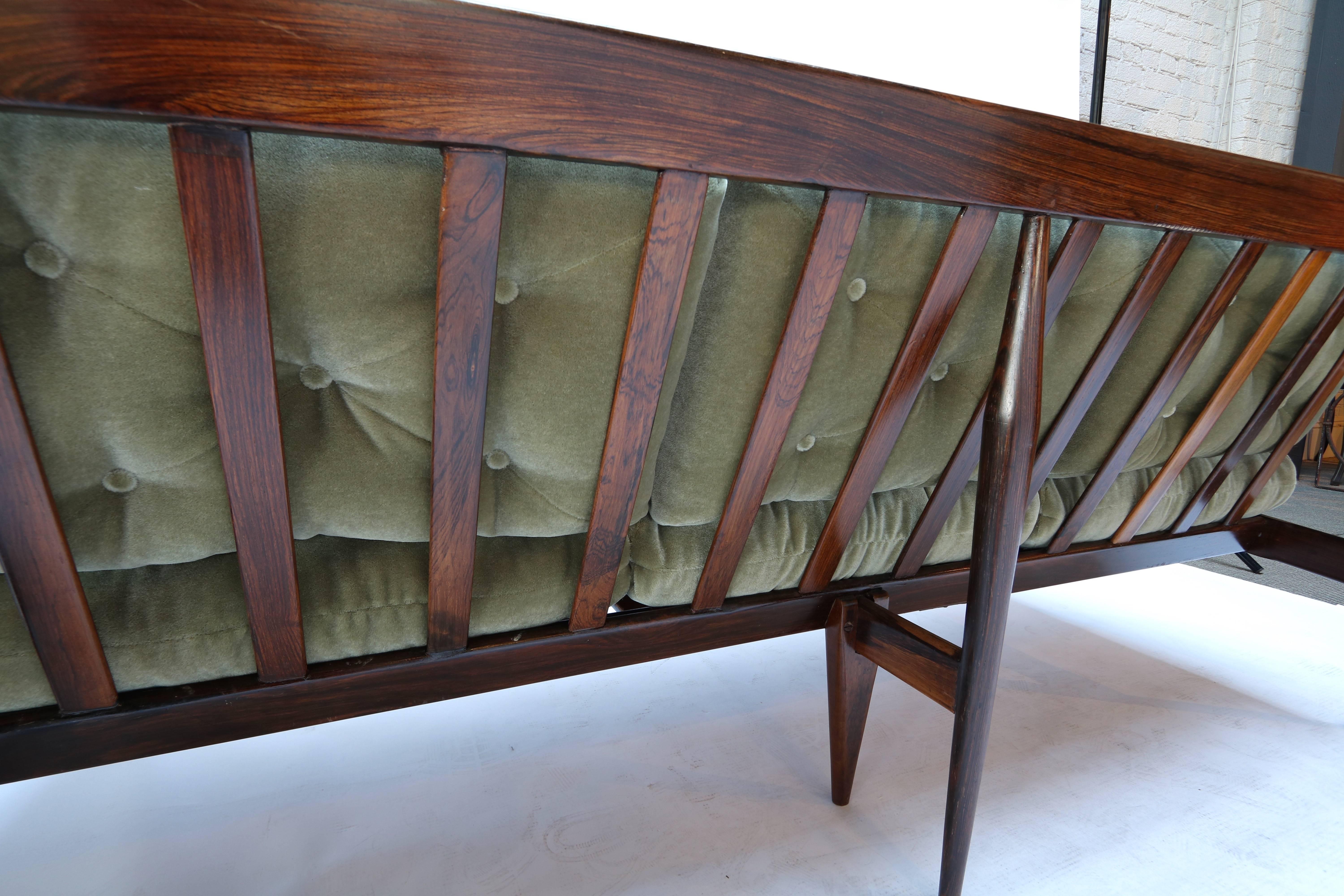 Rino Levi 1960s Brazilian Jacaranda Wood Sofa in Green Mohair In Good Condition For Sale In Los Angeles, CA