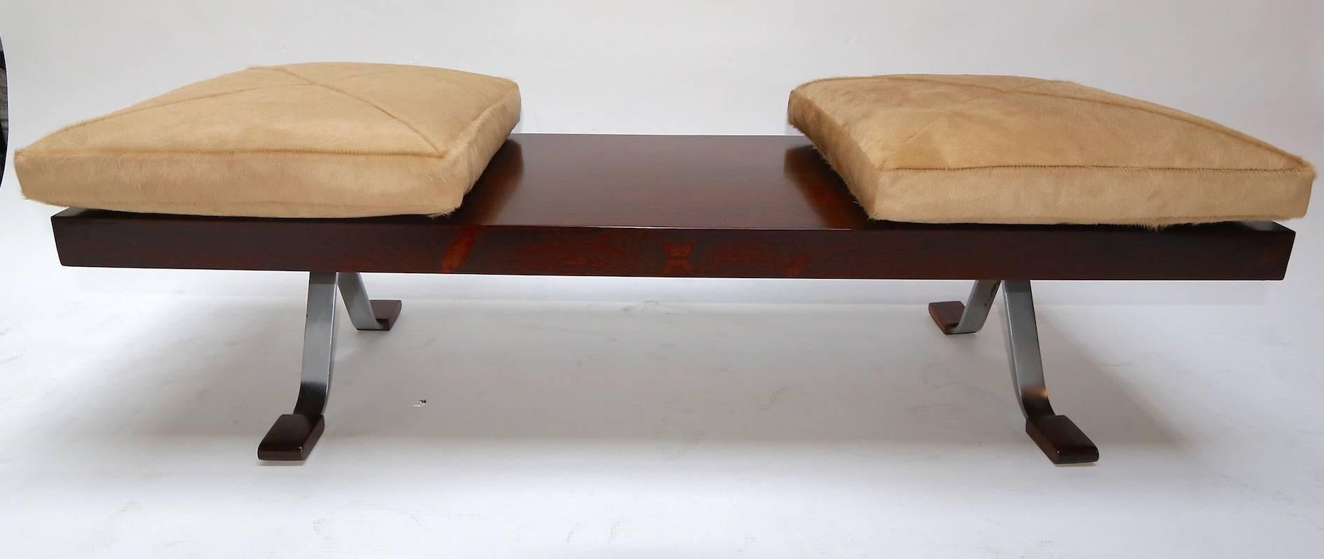 Mid-Century Modern Vintage Brazilian Jacaranda Bench with Cowhide Cushions