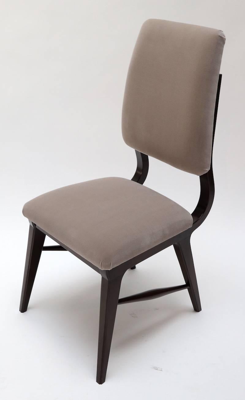 Set of ten 1970s Brazilian wood dining chairs, upholstered in grey Belgian velvet.