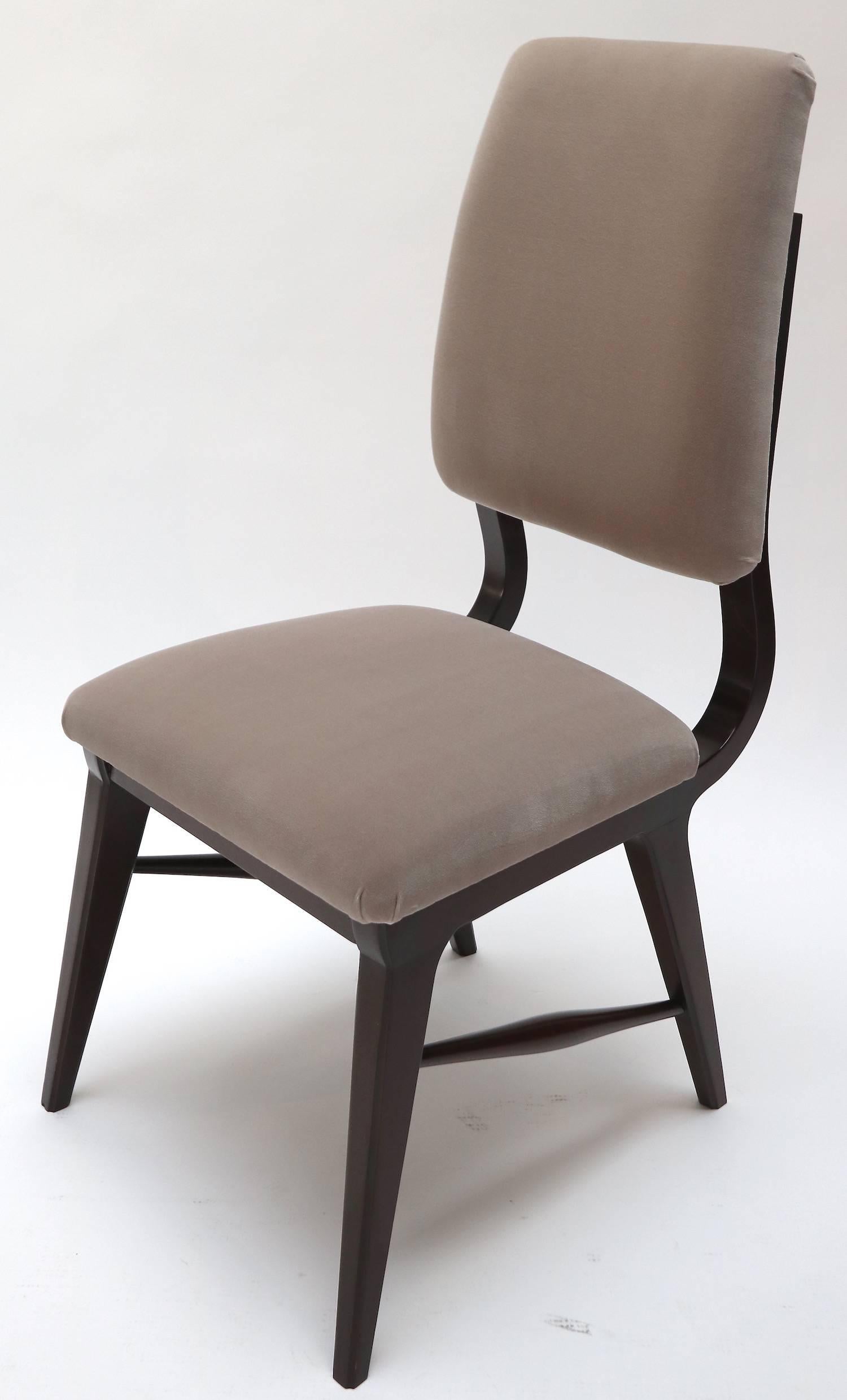 Set of Ten 1970s Brazilian Wood Dining Chairs in Grey Velvet For Sale 1