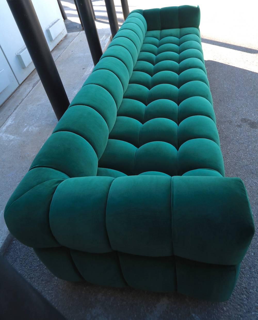 American Custom Tufted Green Velvet Sofa with Brass Base by Adesso Imports For Sale
