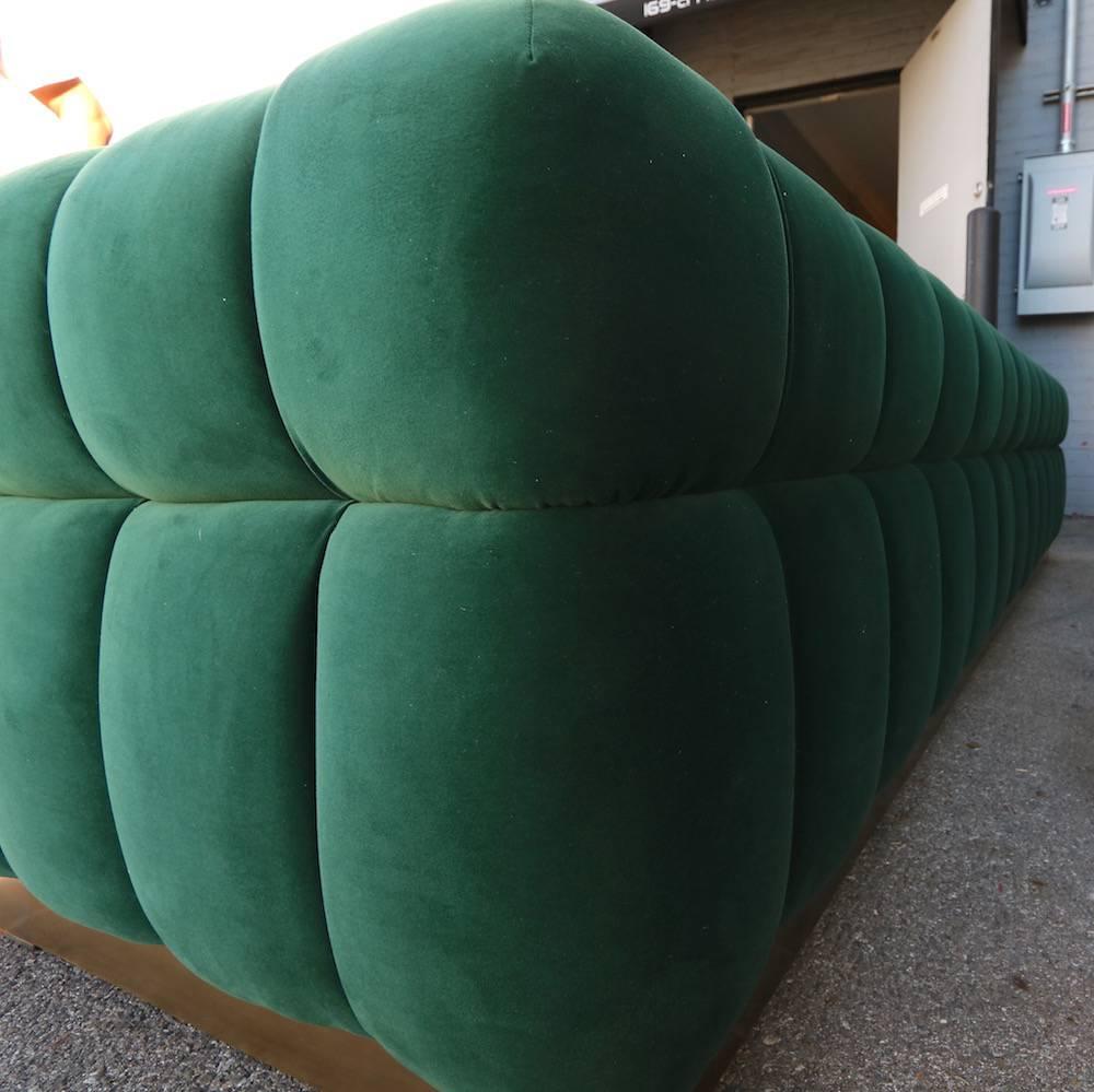 Custom Tufted Green Velvet Sofa with Brass Base by Adesso Imports In New Condition For Sale In Los Angeles, CA