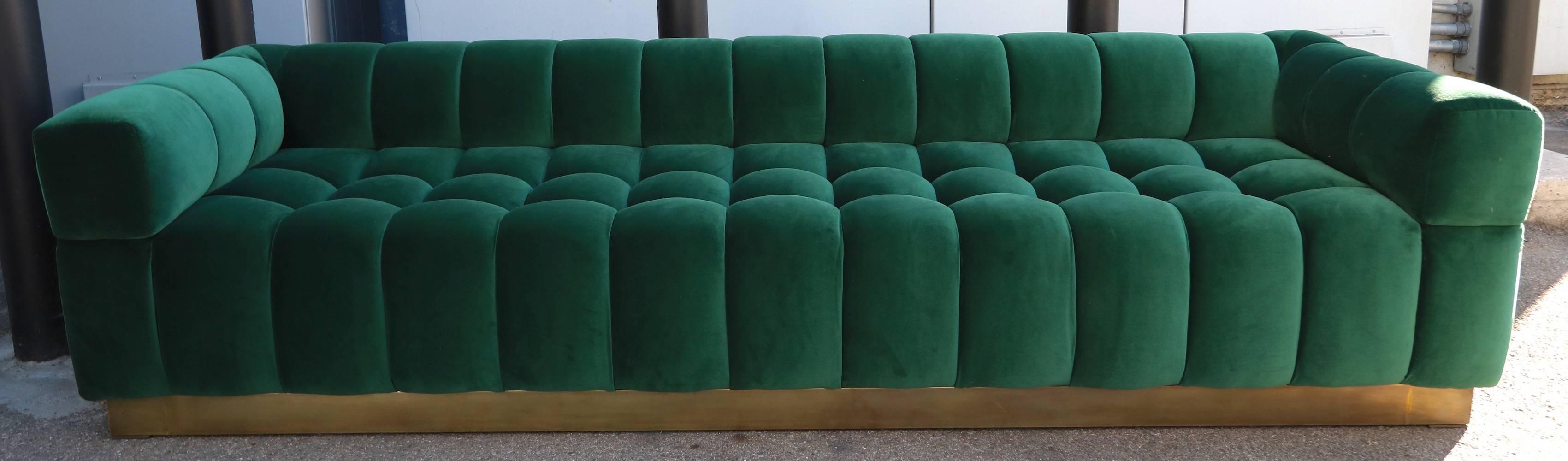 Mid-Century Modern Custom Tufted Green Velvet Sofa with Brass Base by Adesso Imports For Sale