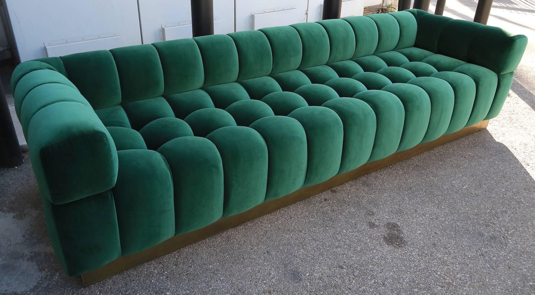 Custom Tufted Green Velvet Sofa with Brass Base by Adesso Imports For Sale 1