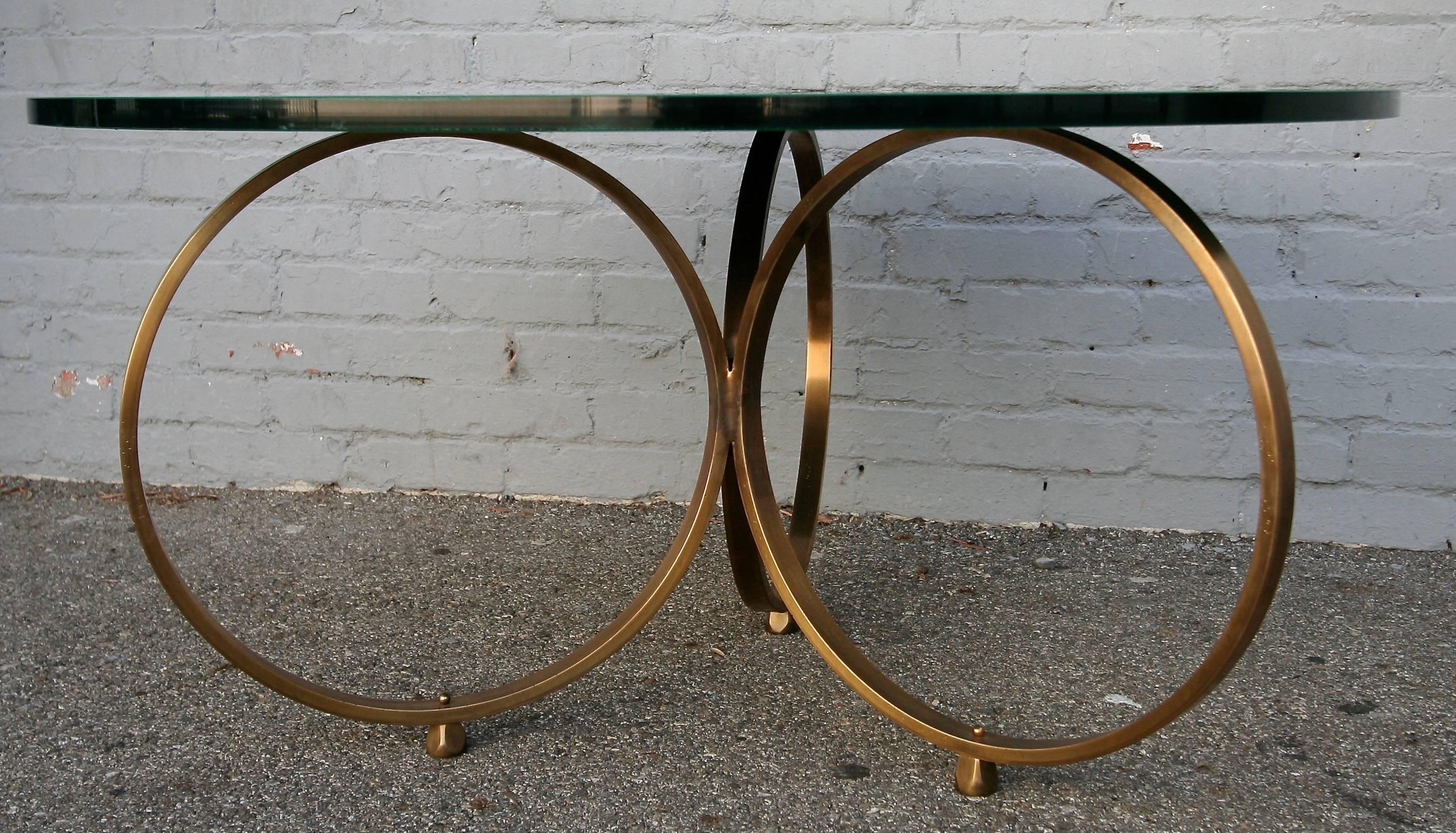 Custom Brass Coffee Table with Green Reverse Painted Glass Top by Adesso Imports For Sale 3