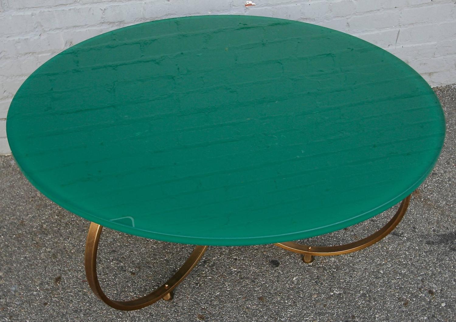 Custom Brass Coffee Table with Reverse Painted Glass Top For Sale at
