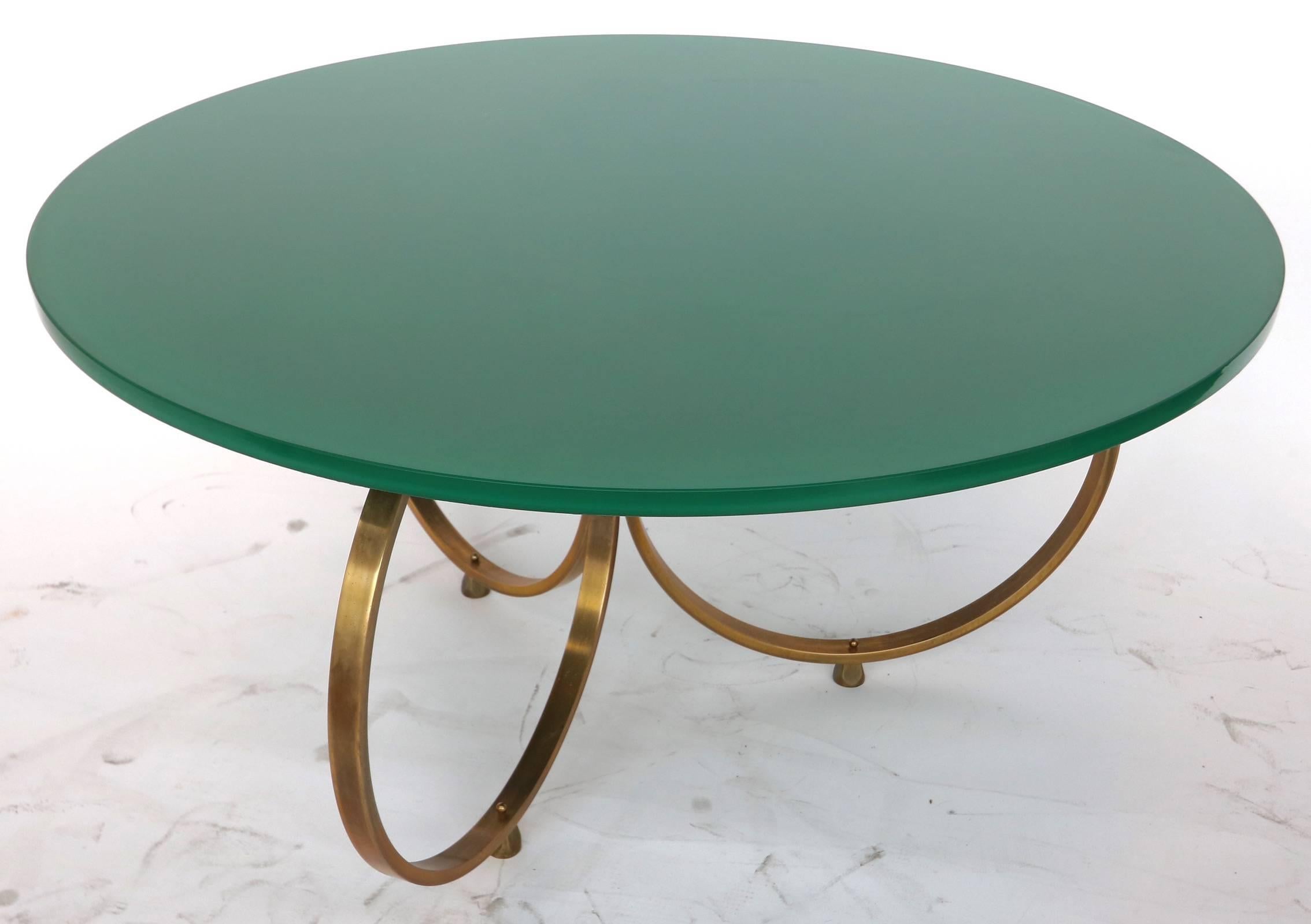 Mid-Century Modern Custom Brass Coffee Table with Green Reverse Painted Glass Top by Adesso Imports For Sale