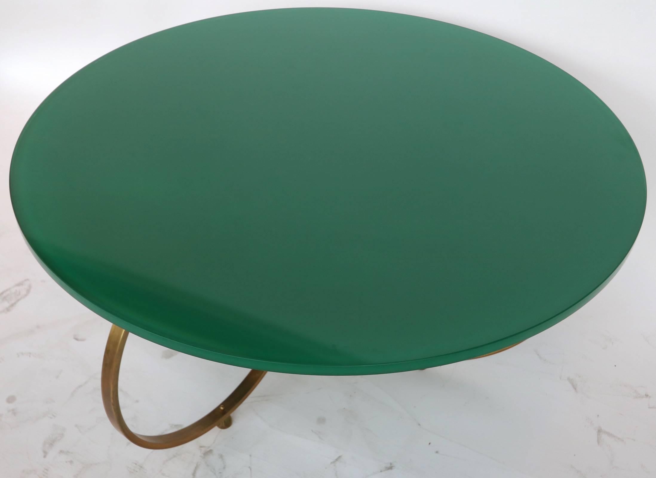 American Custom Brass Coffee Table with Green Reverse Painted Glass Top by Adesso Imports For Sale