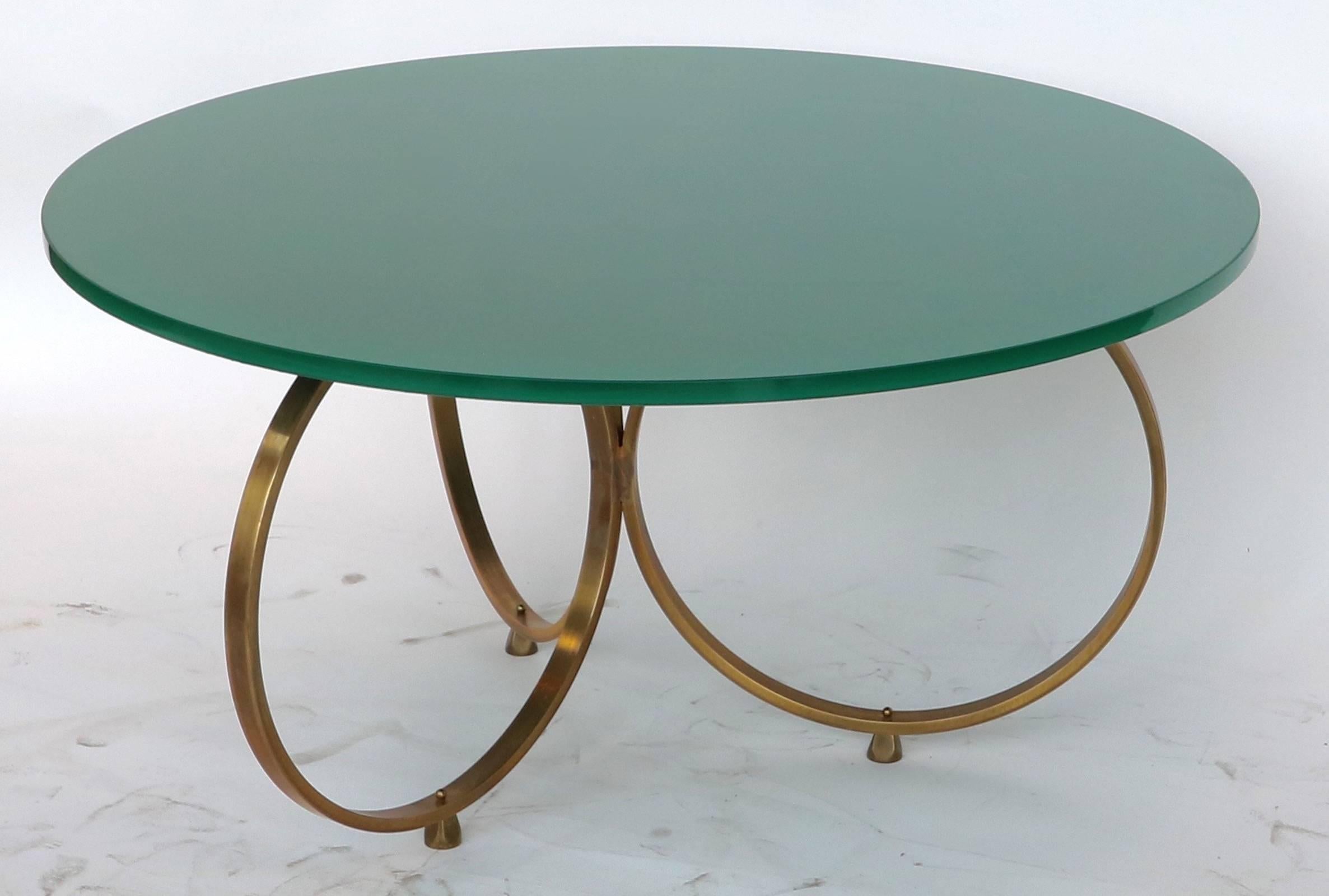 Custom Brass Coffee Table with Green Reverse Painted Glass Top by Adesso Imports In New Condition For Sale In Los Angeles, CA