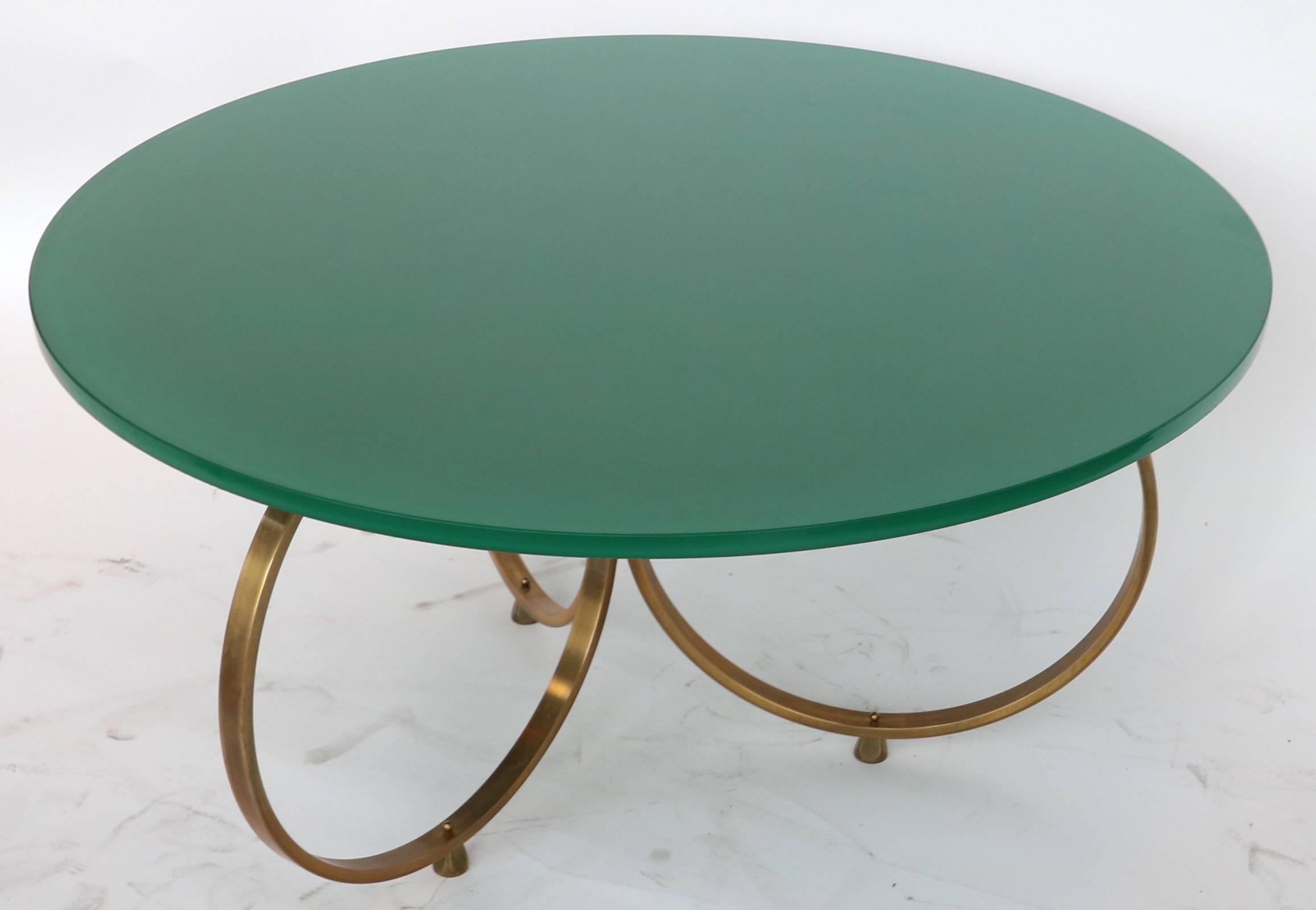 Custom Brass Coffee Table with Green Reverse Painted Glass Top by Adesso Imports For Sale 1