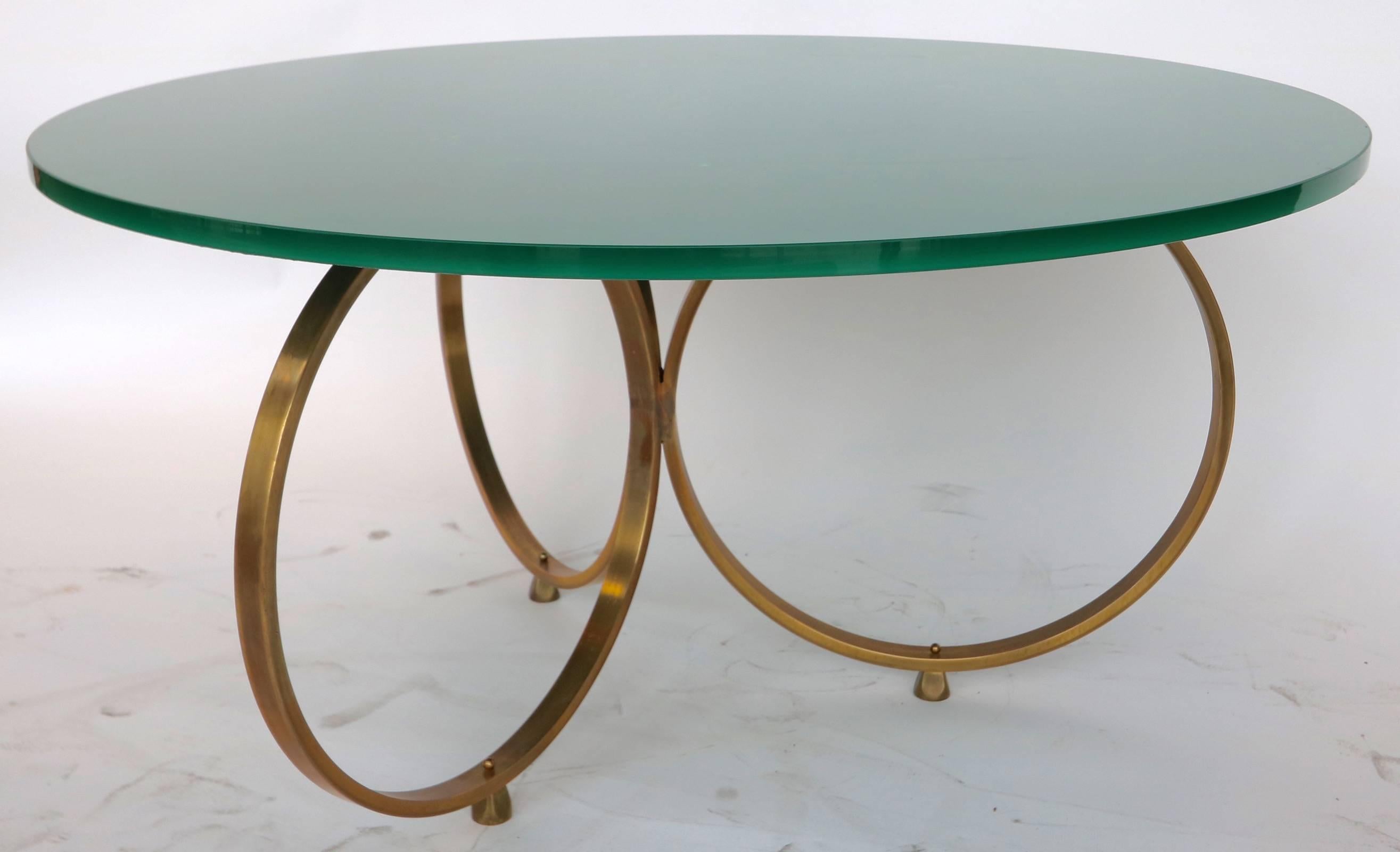 Contemporary Custom Brass Coffee Table with Green Reverse Painted Glass Top by Adesso Imports For Sale