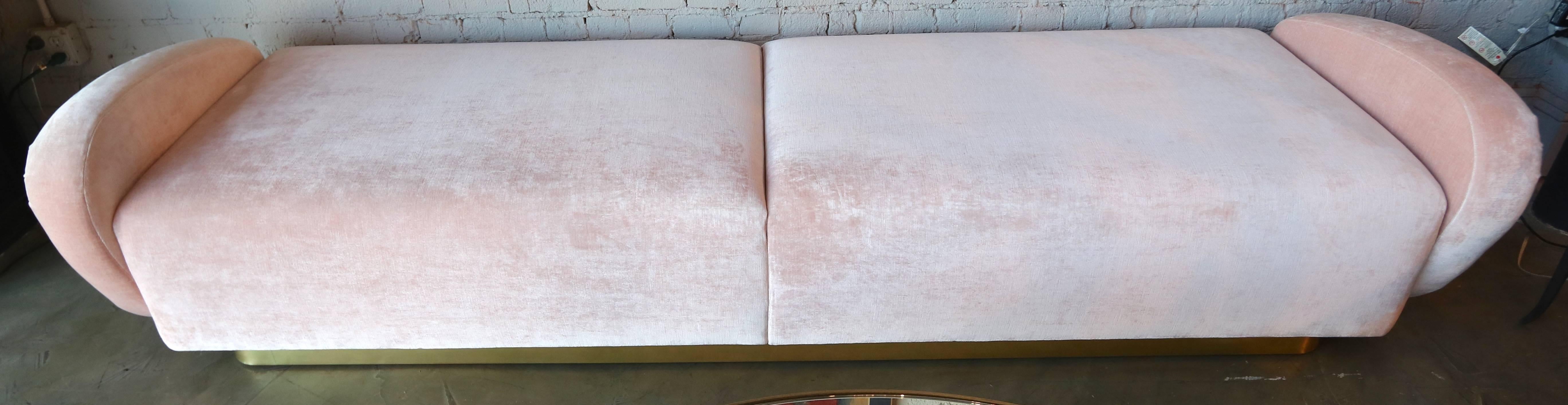 Custom 1960s Italian style sofa or bench with handmade brass base upholstered in light pink velvet. Made in Los Angeles by Adesso Imports. Can be done in different colors, fabrics and finishes.