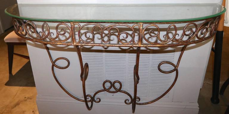 20th Century French Demilune Gilded Metal Console Table with Glass Top, 1920s For Sale