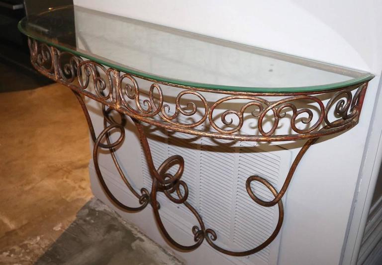 French Demilune Gilded Metal Console Table with Glass Top, 1920s In Good Condition For Sale In Los Angeles, CA