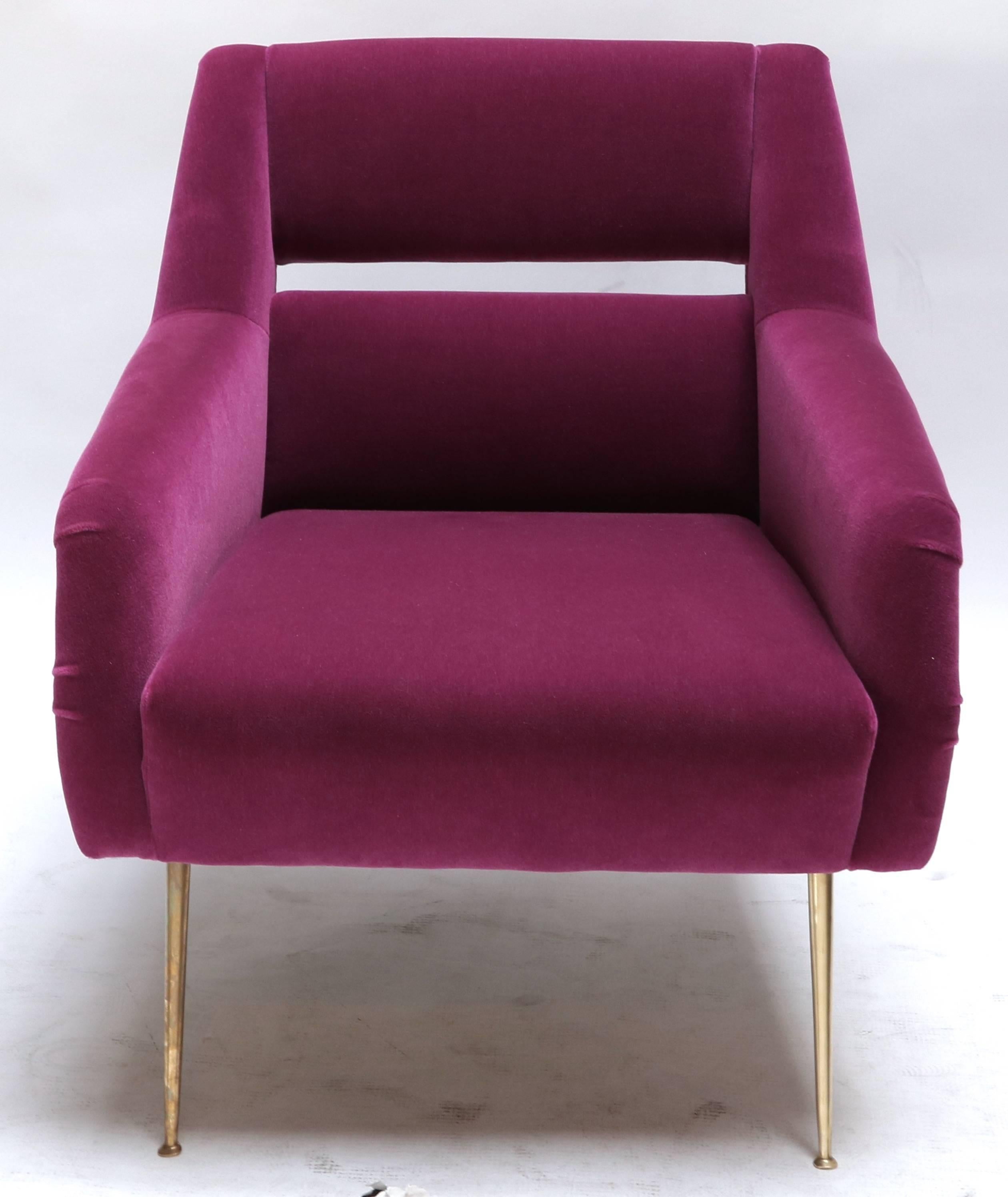Custom 1960s Italian style armchairs with brass legs and upholstered in fuchsia mohair.  Made in Los Angeles by Adesso Imports. Can be done in other fabrics and colors.