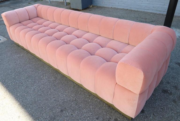 Custom Tufted Pink Velvet Sofa with Brass Base For Sale at 1stdibs