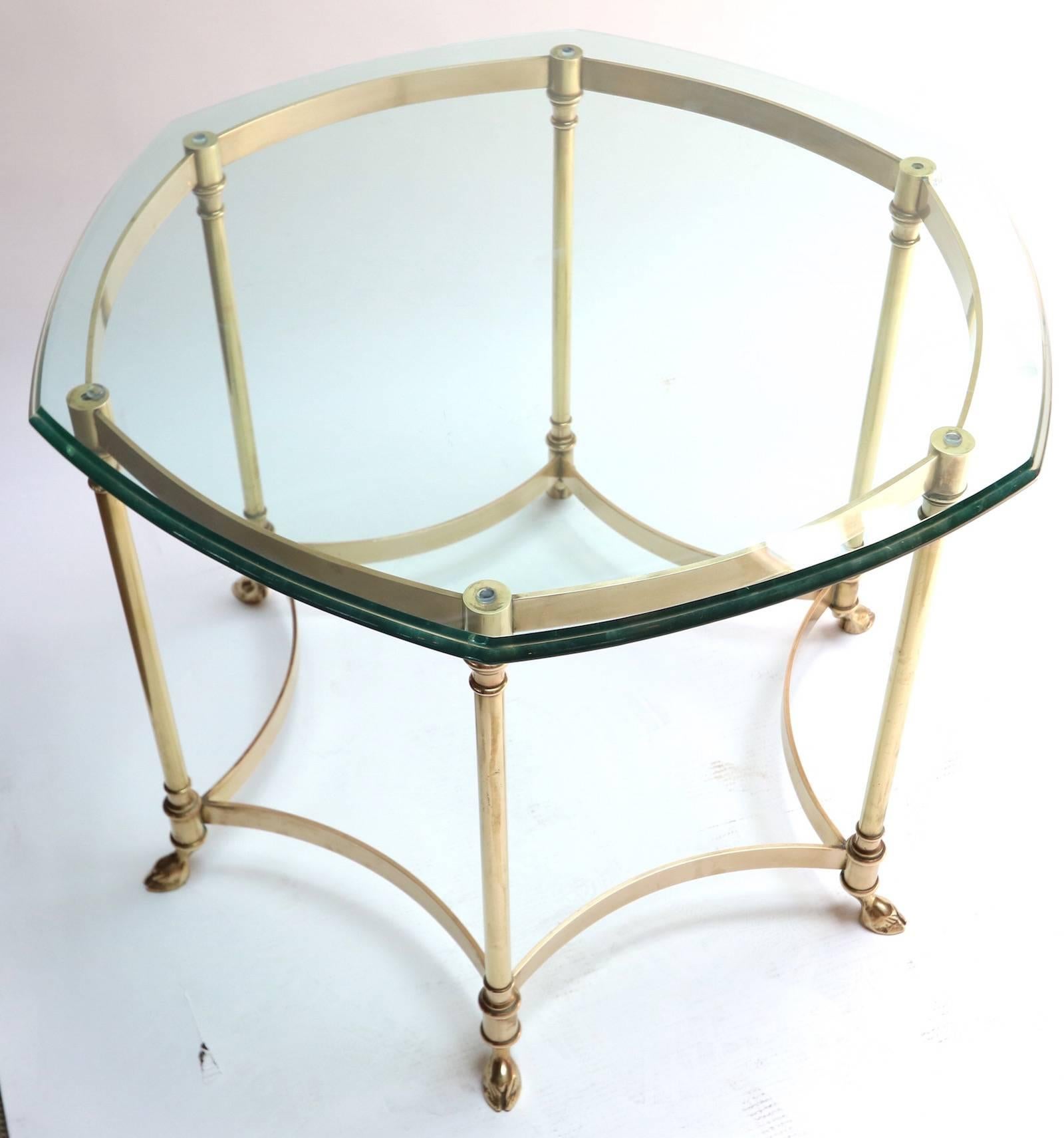 Mid-Century Modern Hexagonal Brass Side Table with Glass Top and Goat Feet