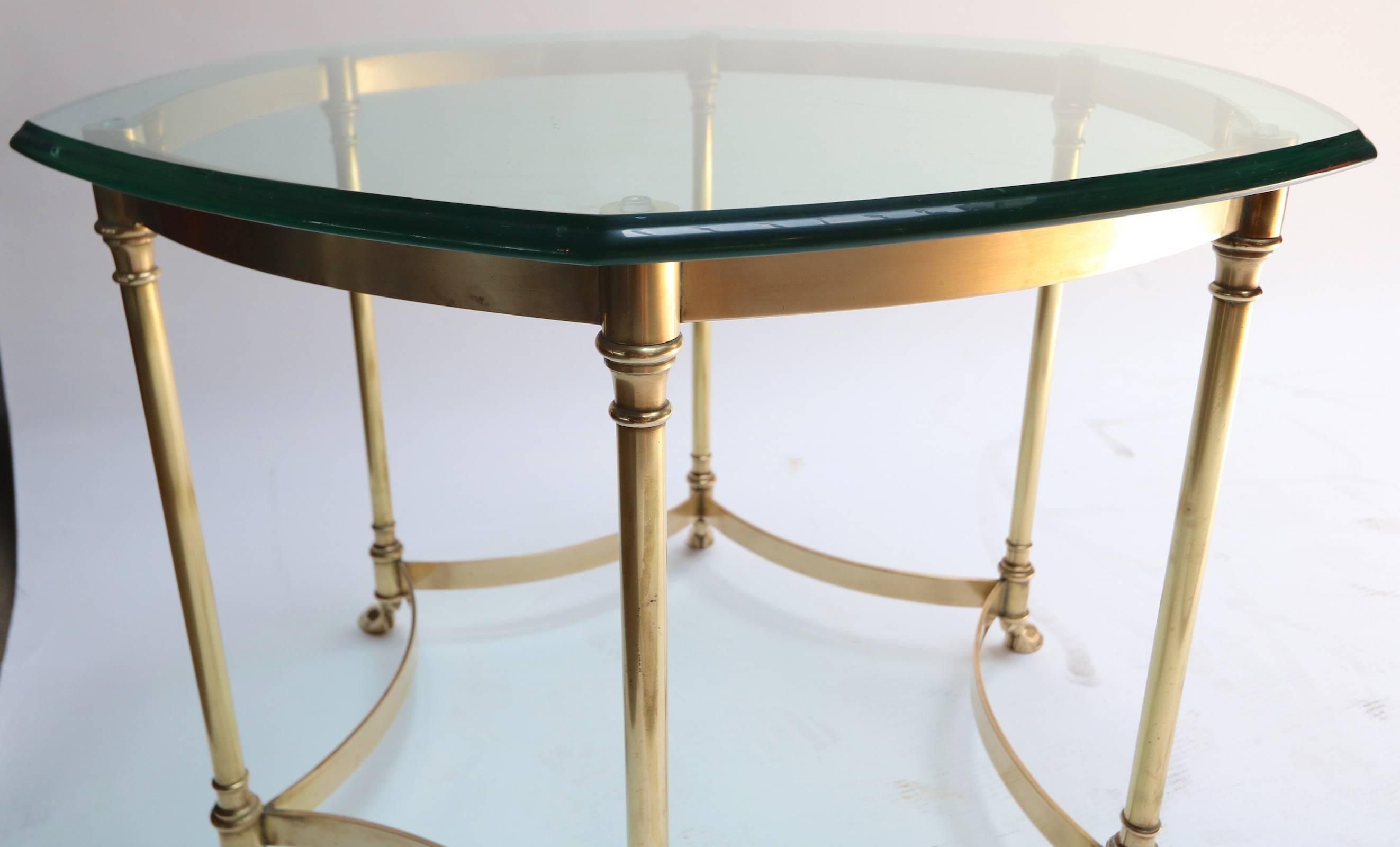 Italian Hexagonal Brass Side Table with Glass Top and Goat Feet