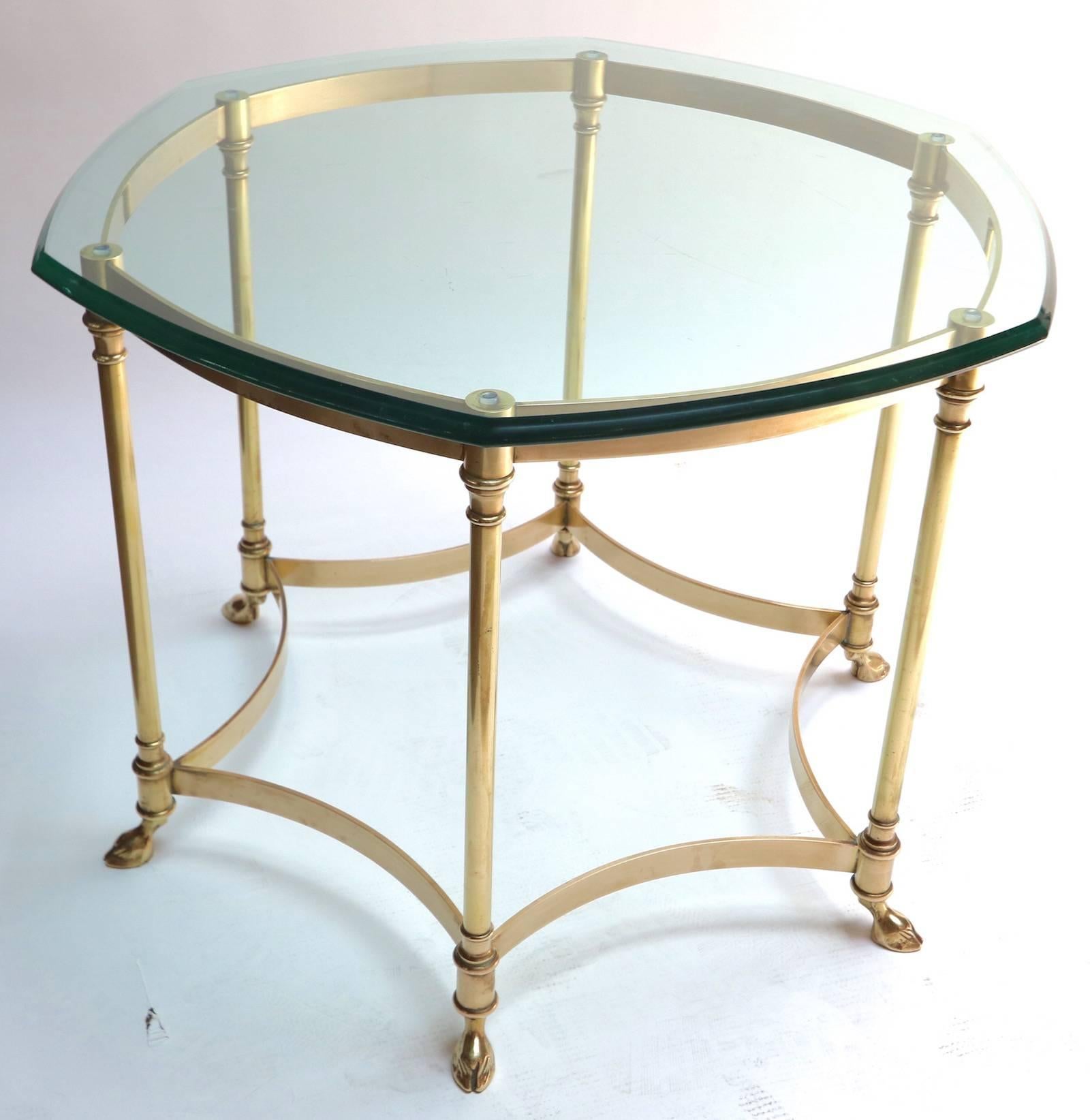 Hexagonal Brass Side Table with Glass Top and Goat Feet 1
