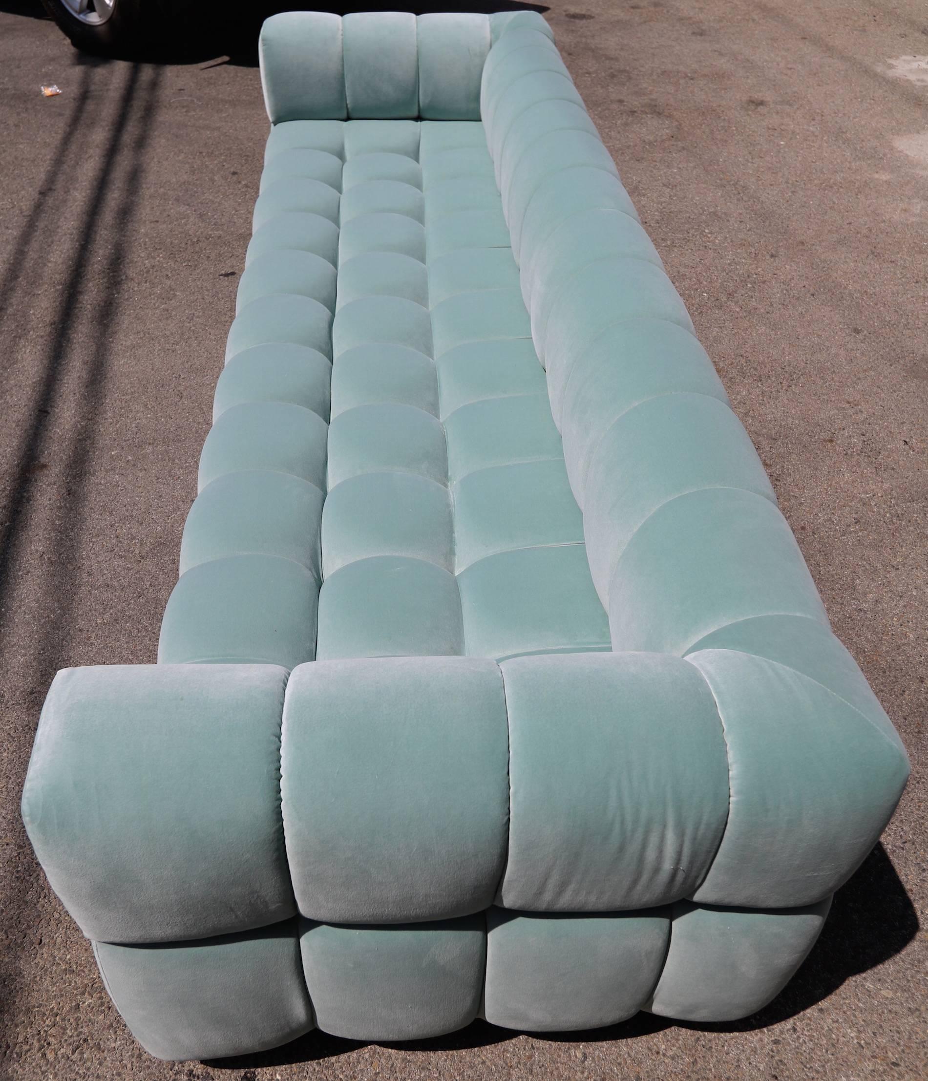 Custom Tufted Aqua Blue Velvet Sofa with Brass Base by Adesso Imports In New Condition For Sale In Los Angeles, CA