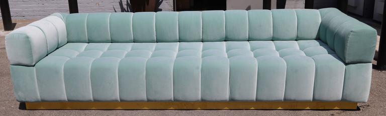 Custom Tufted Aqua Blue Velvet Sofa With Br Base For At 1stdibs Custom Tufted Sofa With Br Base In Aqua Blue Velvet Can Be Made