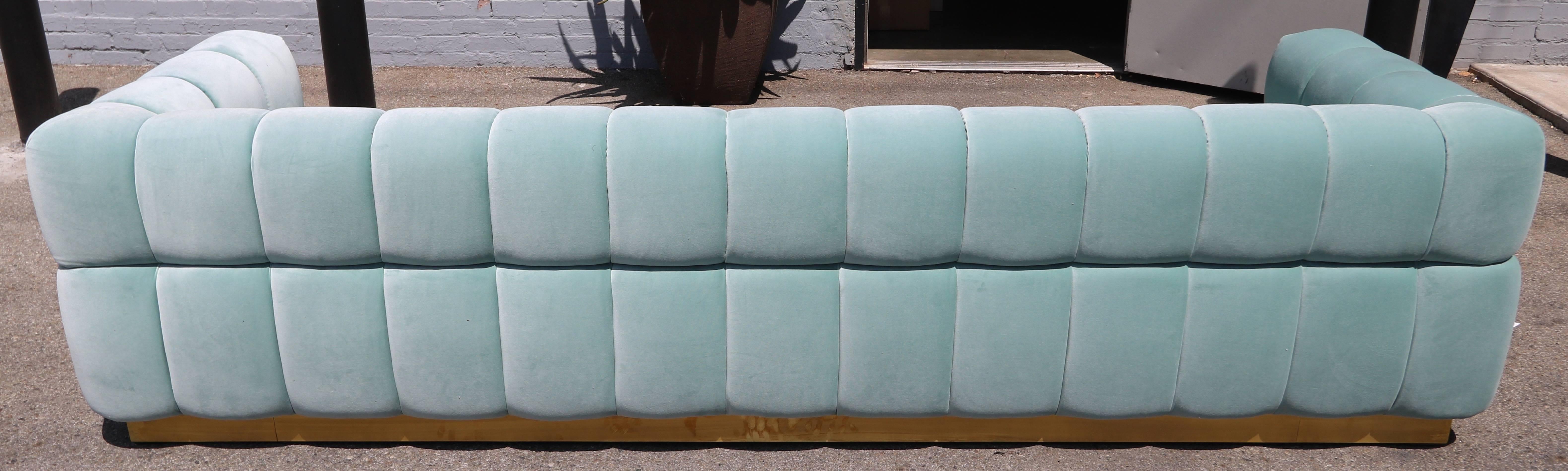 Mid-Century Modern Custom Tufted Aqua Blue Velvet Sofa with Brass Base by Adesso Imports For Sale
