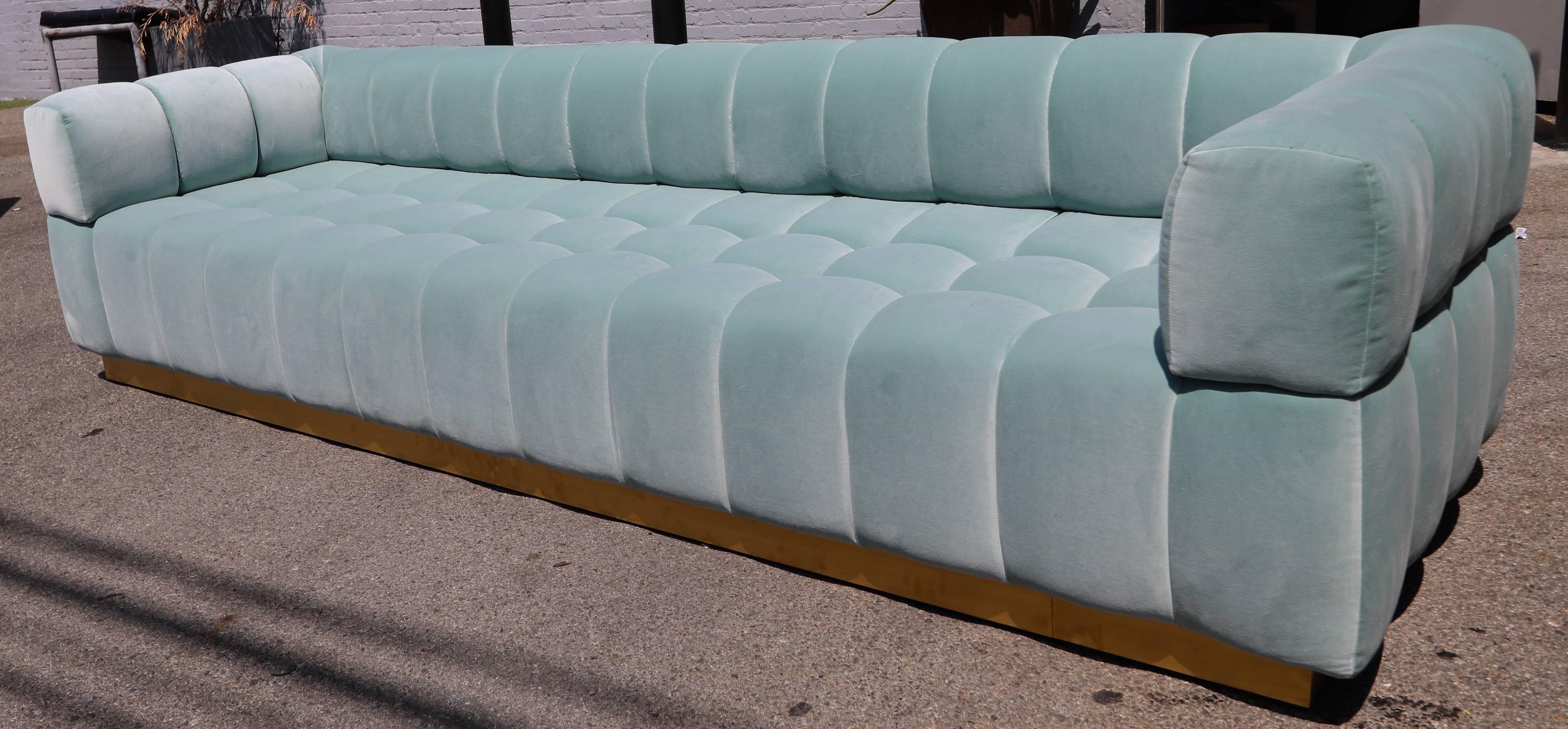 American Custom Tufted Aqua Blue Velvet Sofa with Brass Base by Adesso Imports For Sale