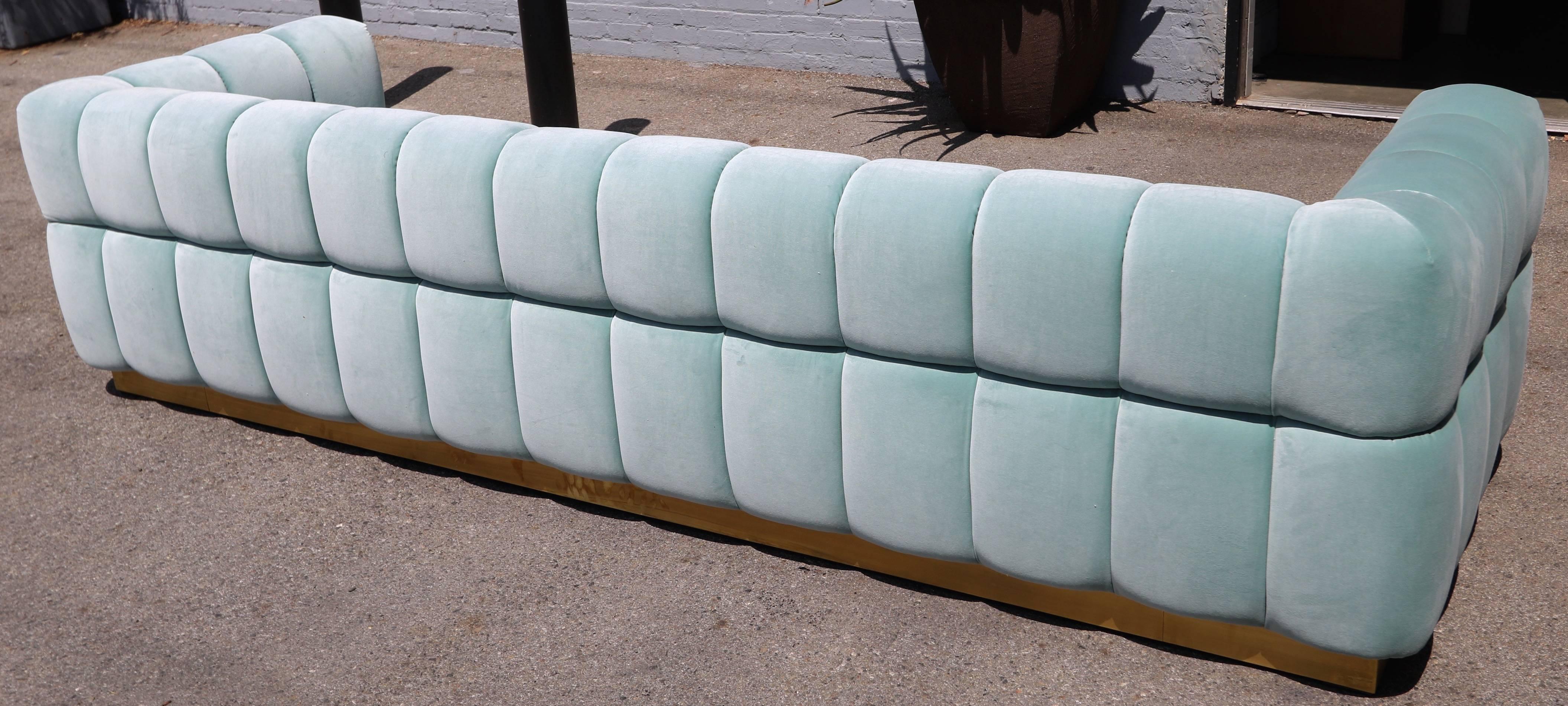 Contemporary Custom Tufted Aqua Blue Velvet Sofa with Brass Base by Adesso Imports For Sale