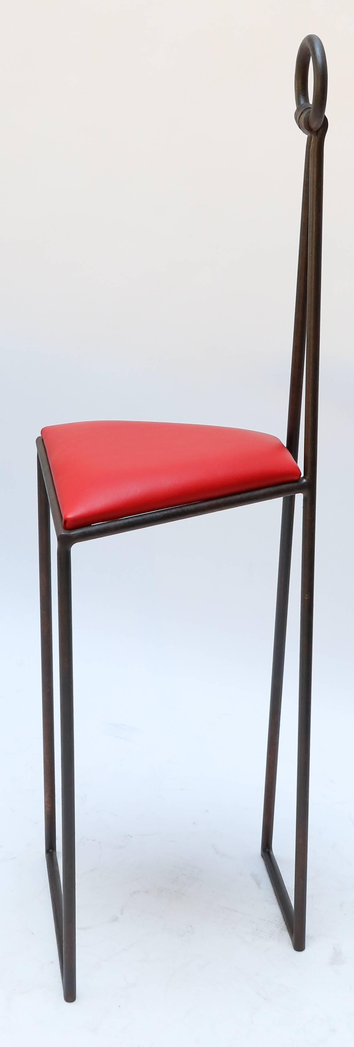 Mid-Century Modern Custom Iron Bar Stools with Red Leather Seats by Adesso Imports For Sale
