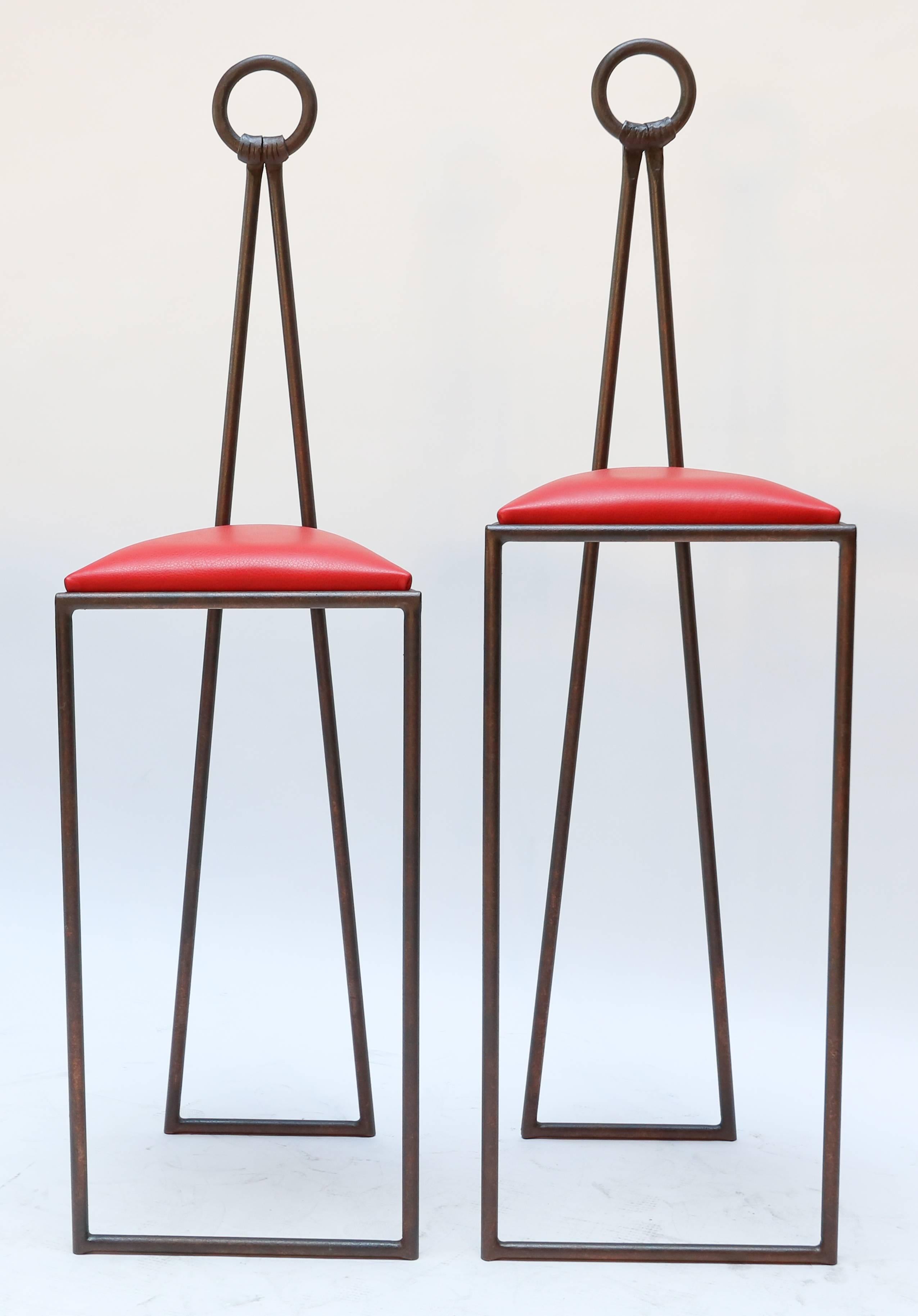 Custom Iron Bar Stools with Red Leather Seats by Adesso Imports In New Condition For Sale In Los Angeles, CA