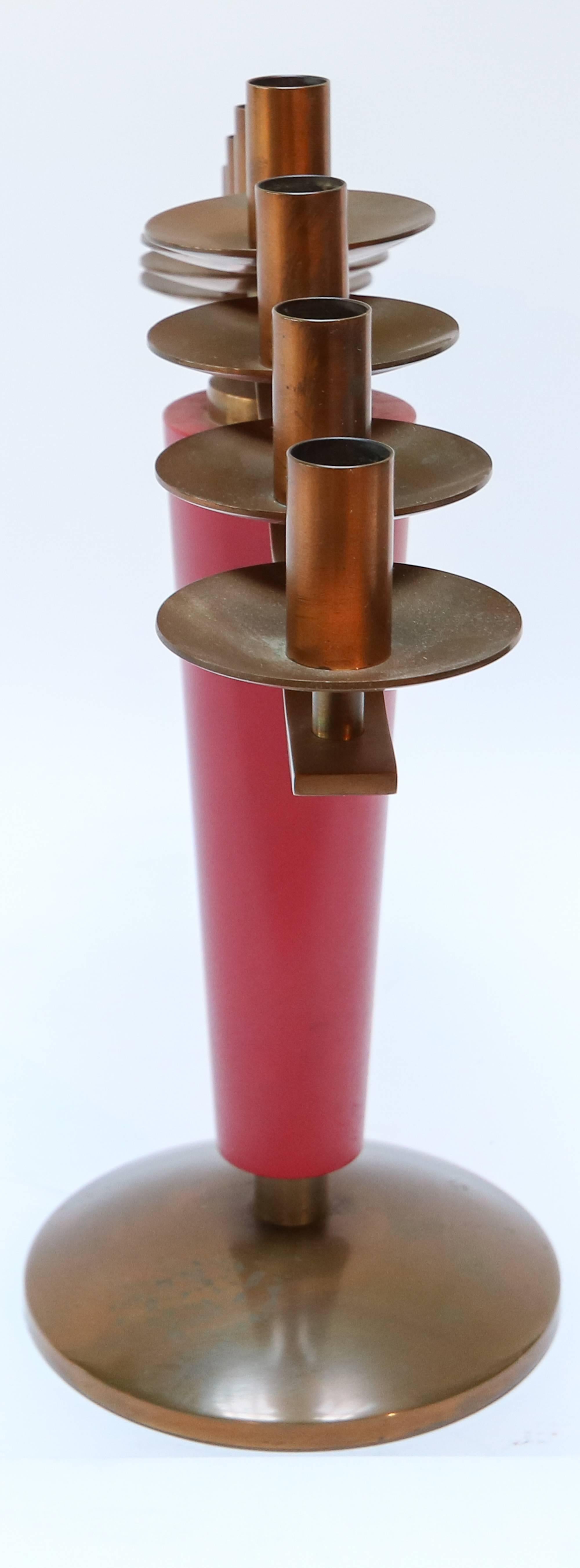 Pair of 1940s French Art Deco Brass and Red Wood Candleholders In Good Condition For Sale In Los Angeles, CA