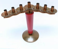 Pair of 1940s French Art Deco Brass and Red Wood Candleholders