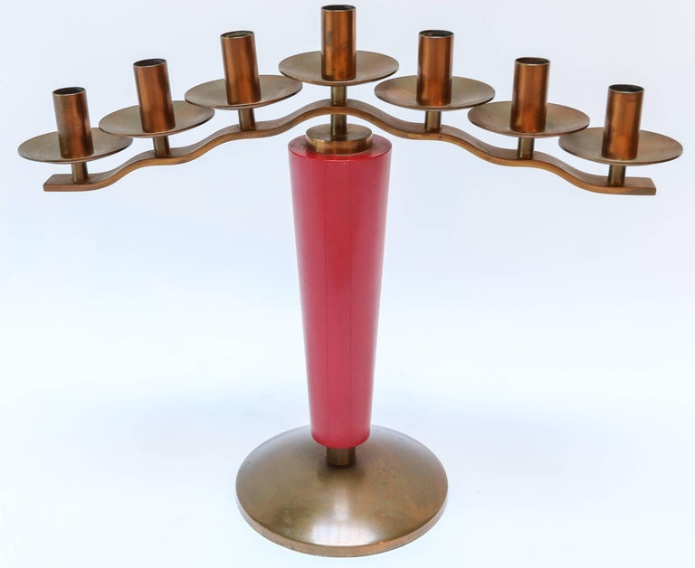 Pair of 1940s French Art Deco Brass and Red Wood Candleholders For Sale 6