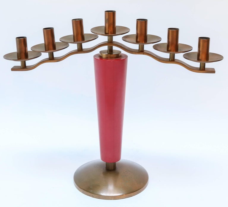Pair of 1940s French Art Deco Brass and Red Wood Candleholders For Sale 5