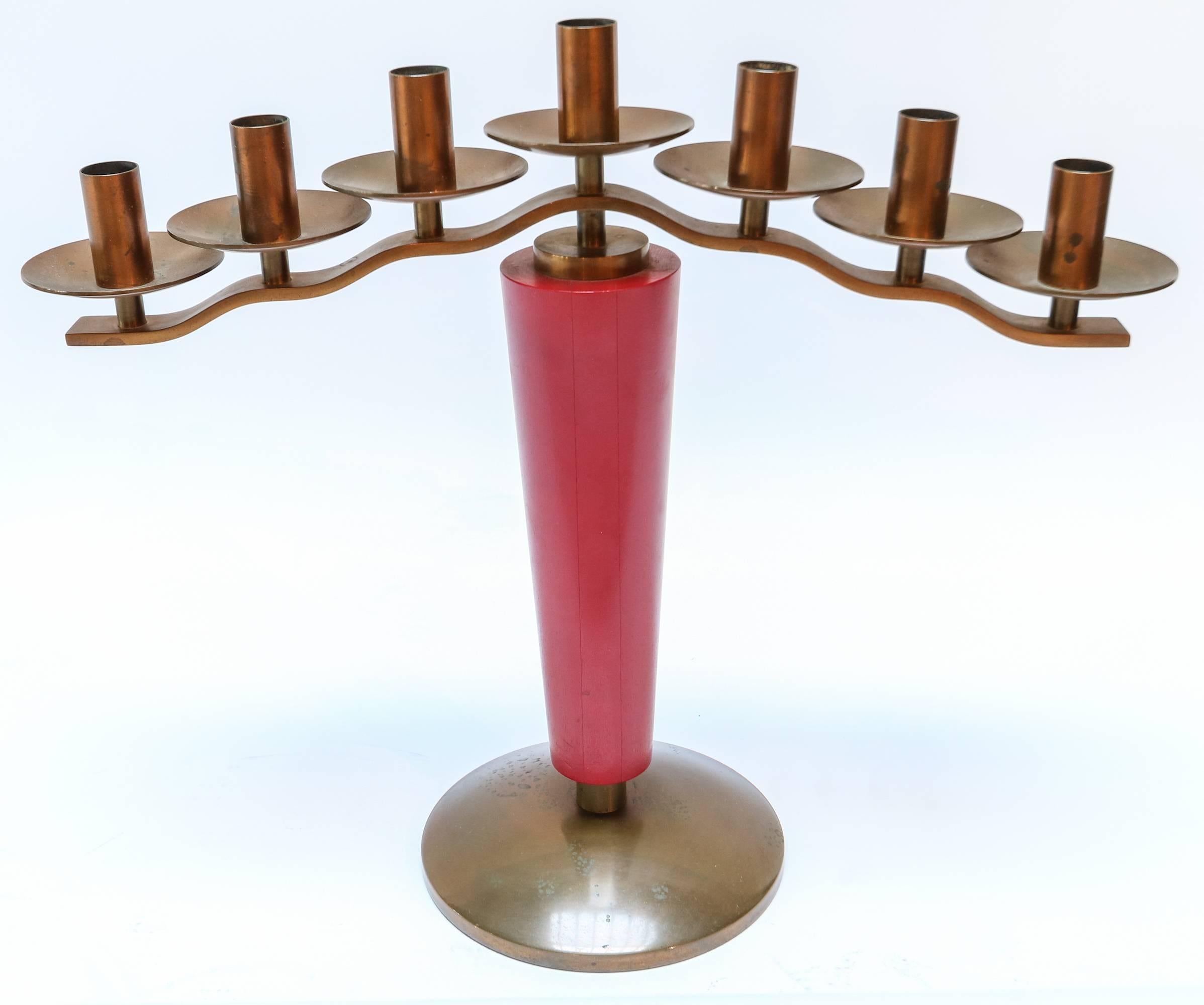 Pair of 1940s French Art Deco Brass and Red Wood Candleholders For Sale 4