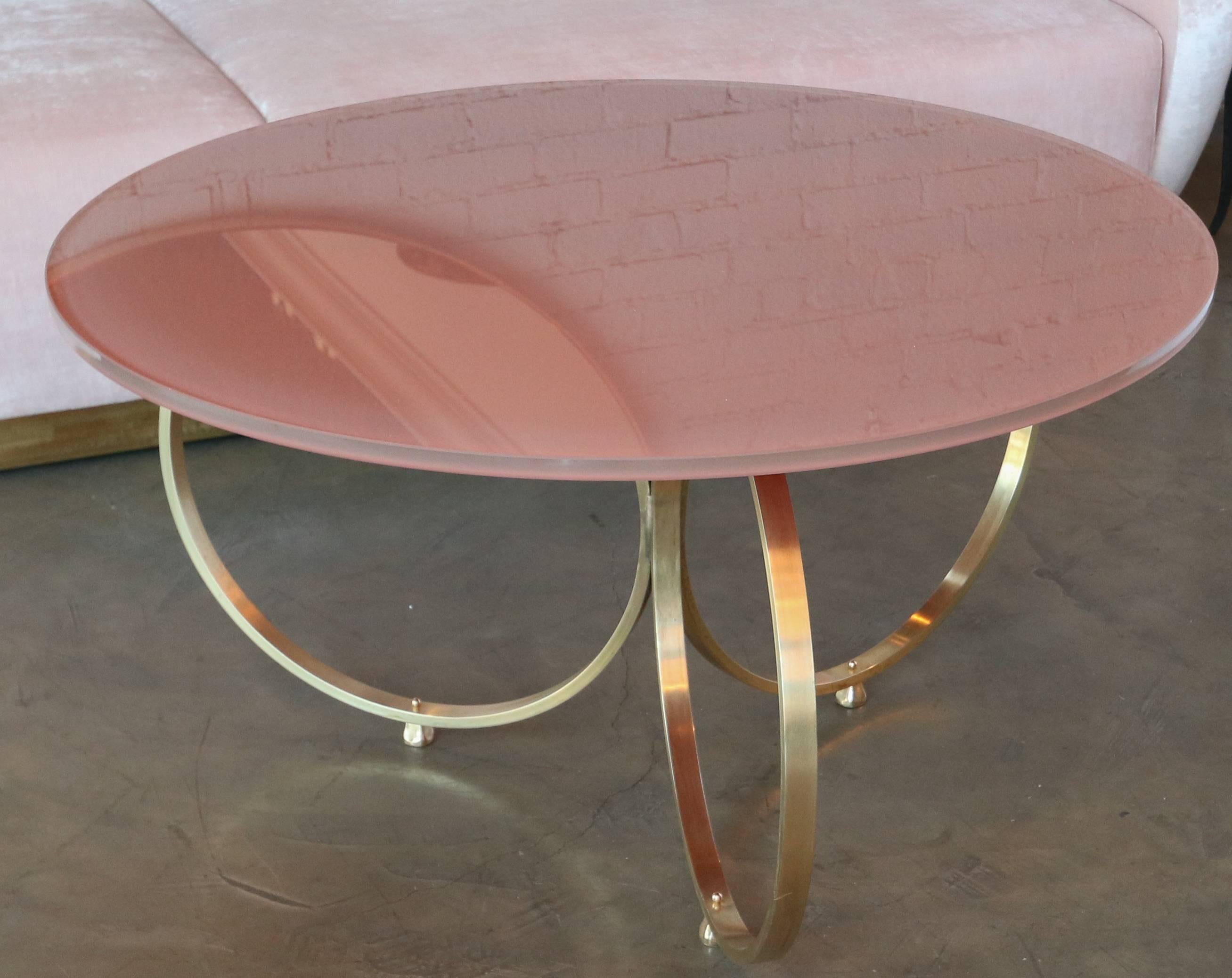 Mid-Century Modern Custom Brass Coffee Table with Pink Reverse Painted Glass Top by Adesso Imports For Sale