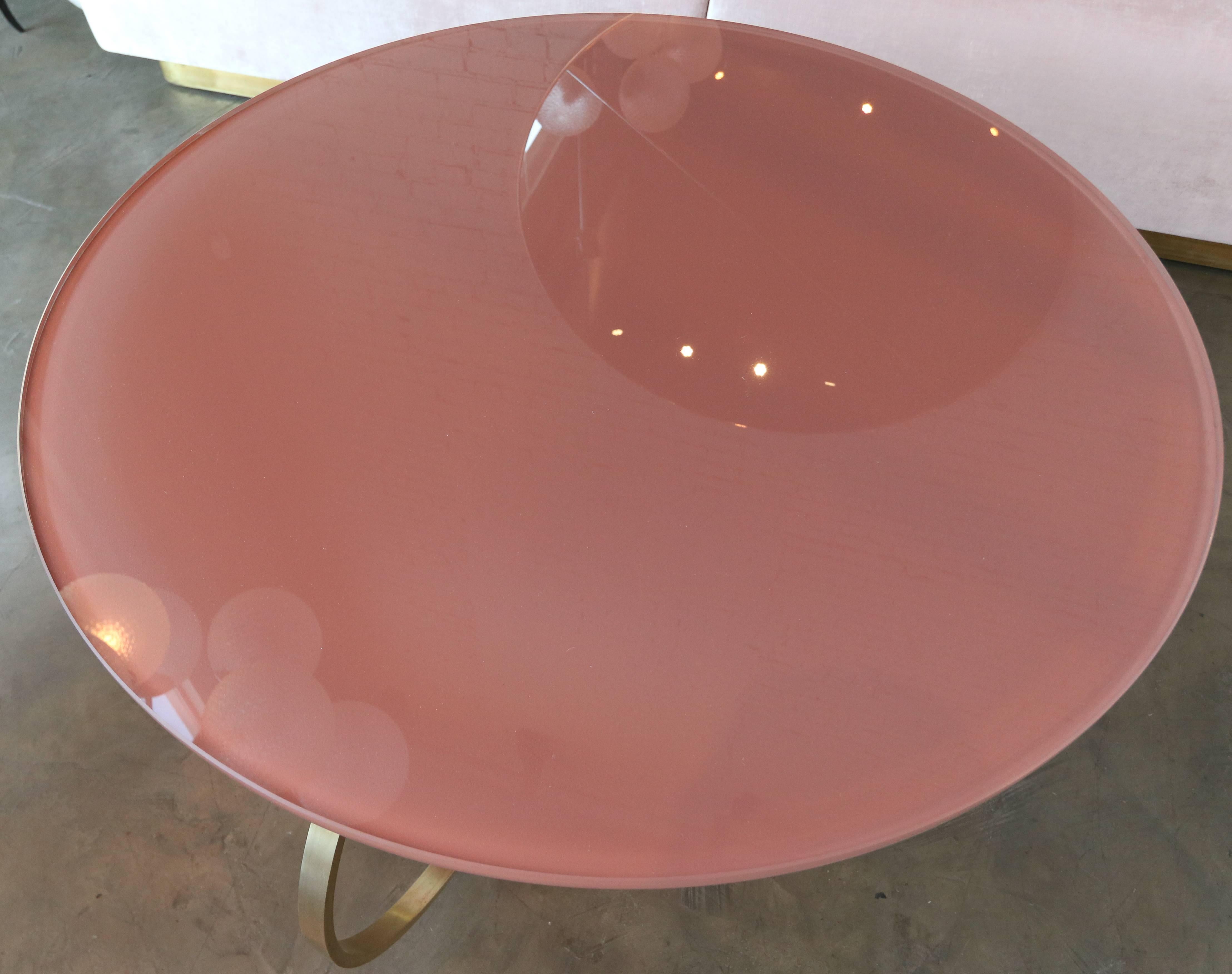 Custom Brass Coffee Table with Pink Reverse Painted Glass Top by Adesso Imports In New Condition For Sale In Los Angeles, CA