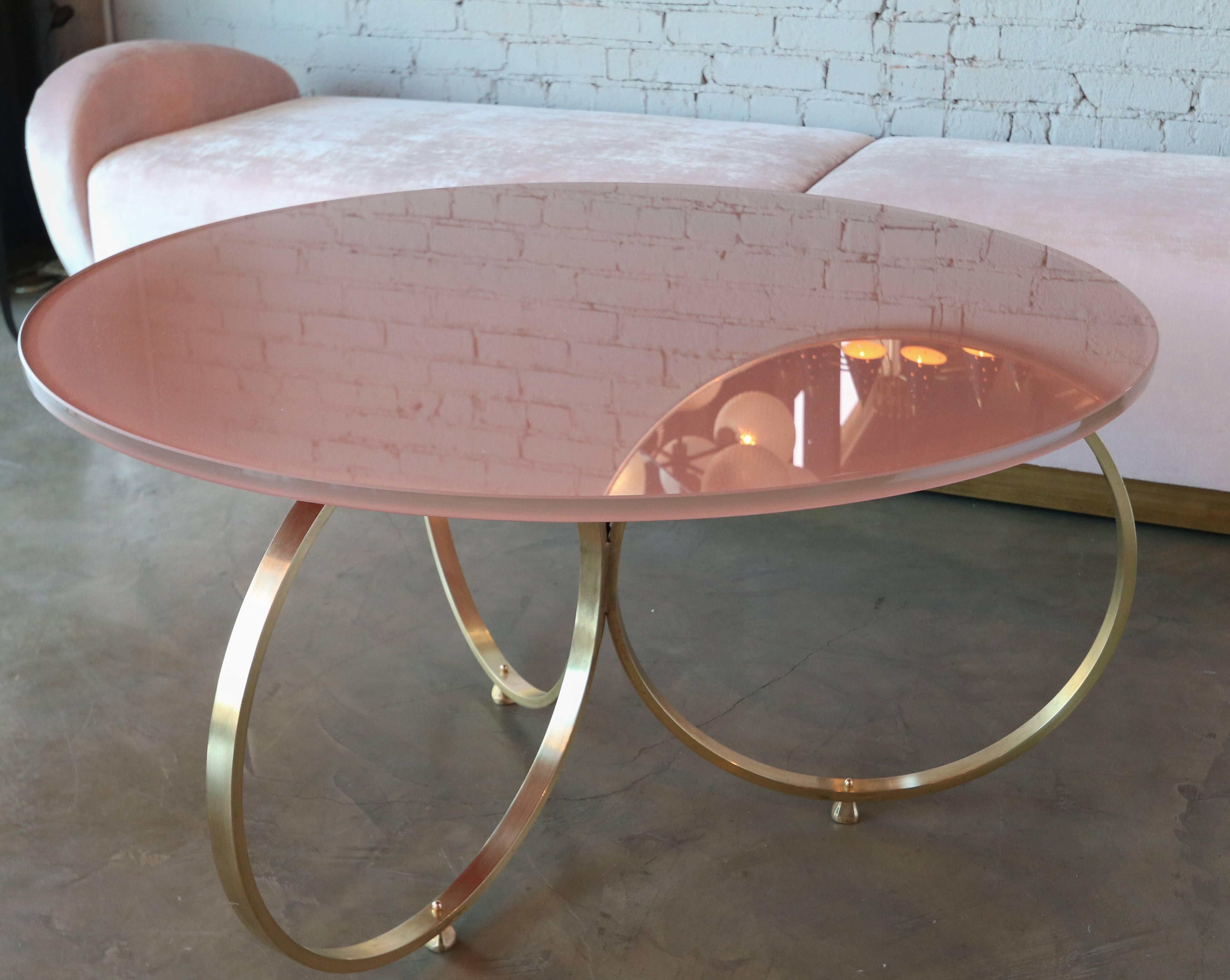 Custom Brass Coffee Table with Pink Reverse Painted Glass Top by Adesso Imports For Sale 1