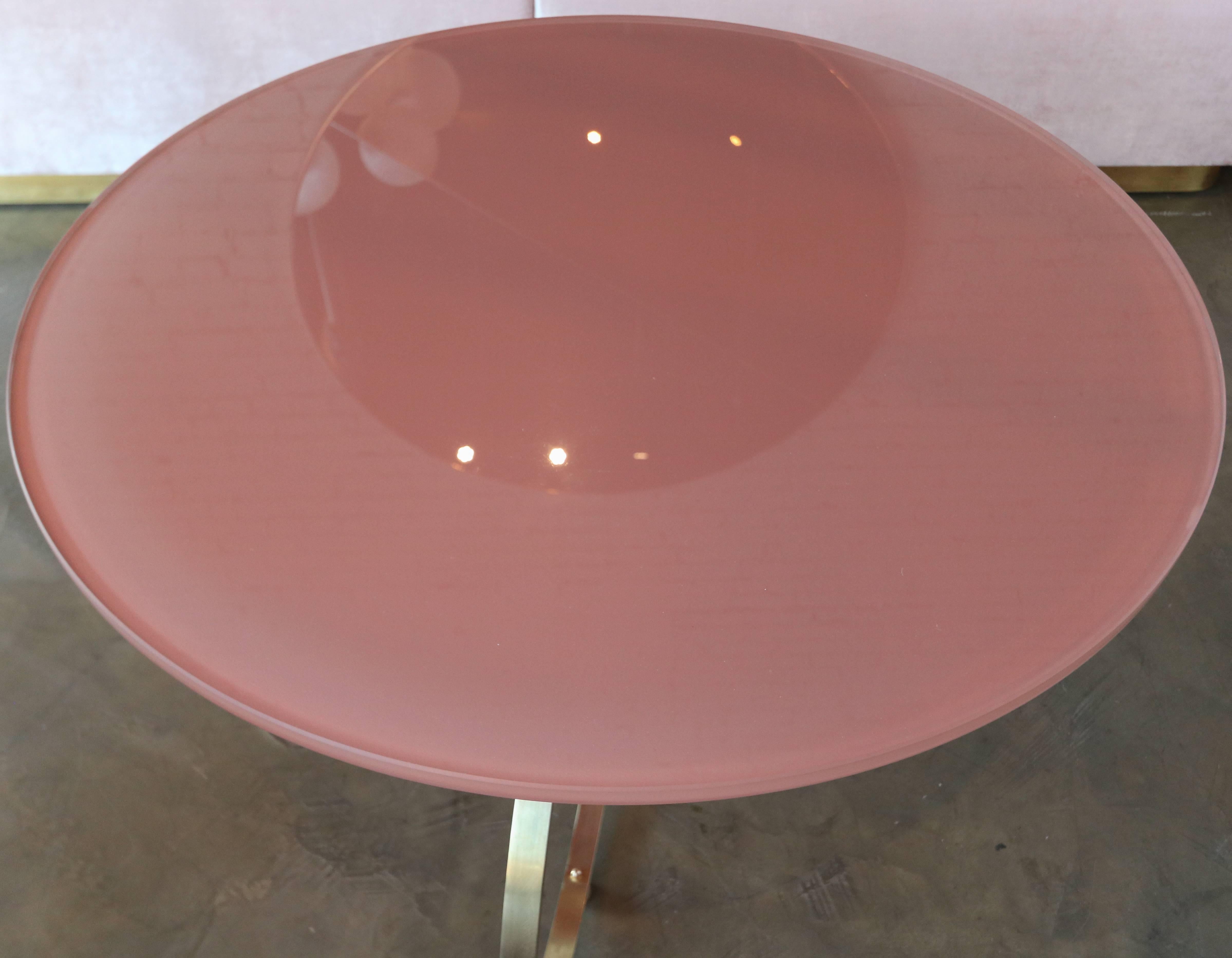 Contemporary Custom Brass Coffee Table with Pink Reverse Painted Glass Top by Adesso Imports For Sale