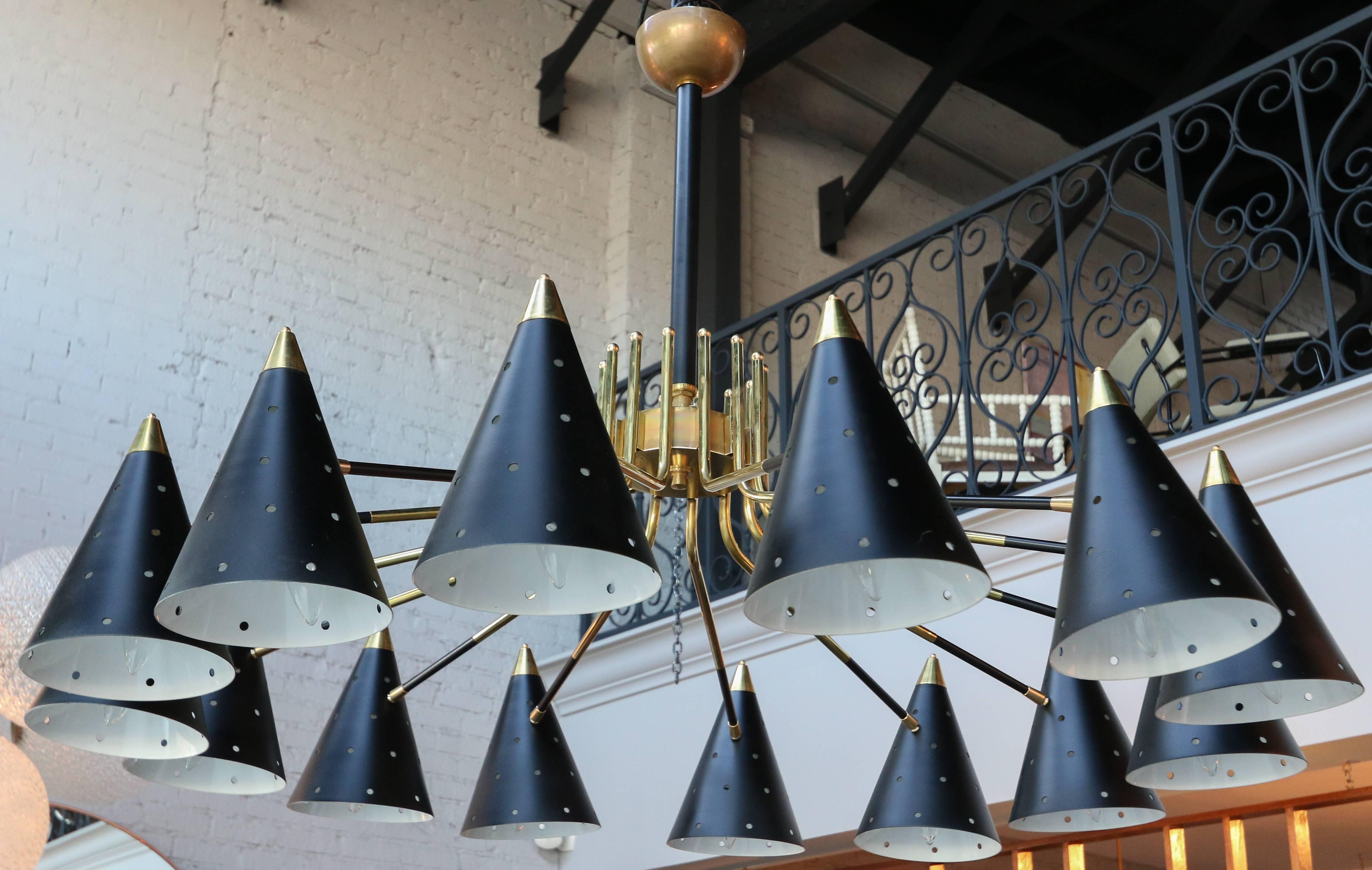 Mid-Century Modern Midcentury Style Brass Chandelier with Black Perforated Shades For Sale