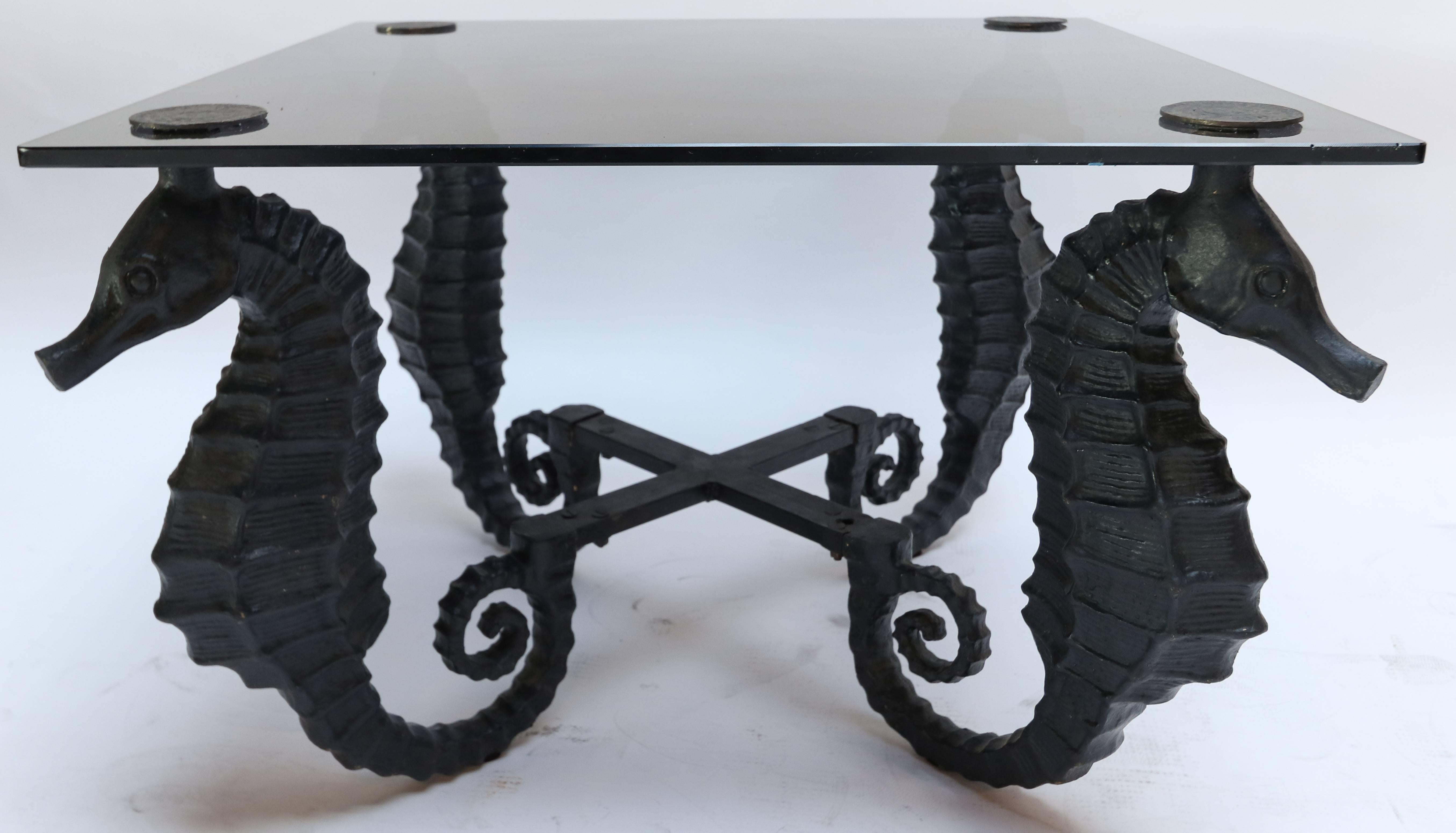 Mid-Century Modern Pair of Black Iron Seahorse Side Tables with Smoked Glass Tops For Sale
