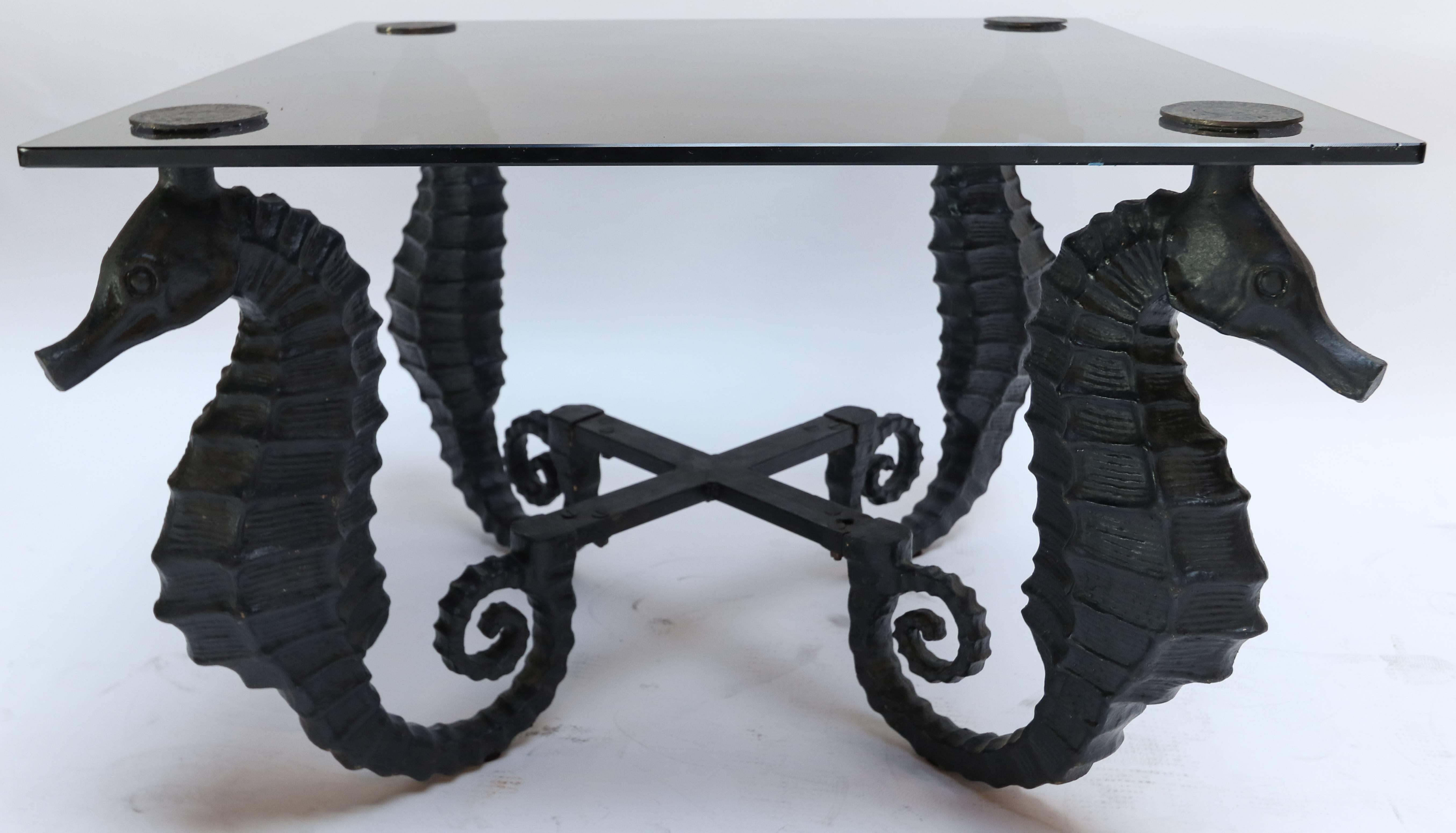Mid-Century Modern Pair of Black Iron Seahorse Side Tables with Smoked Glass Tops