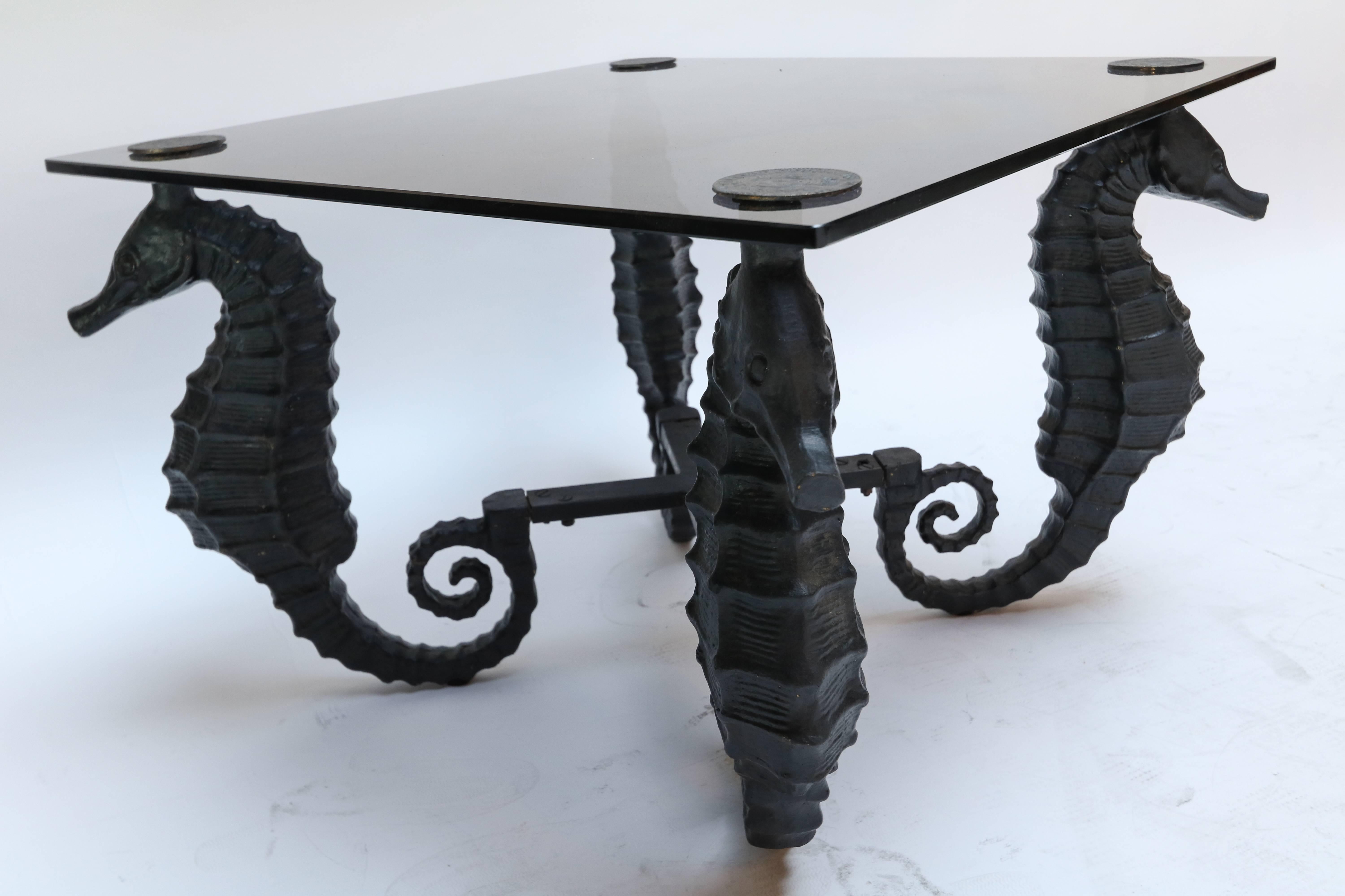 American Pair of Black Iron Seahorse Side Tables with Smoked Glass Tops For Sale