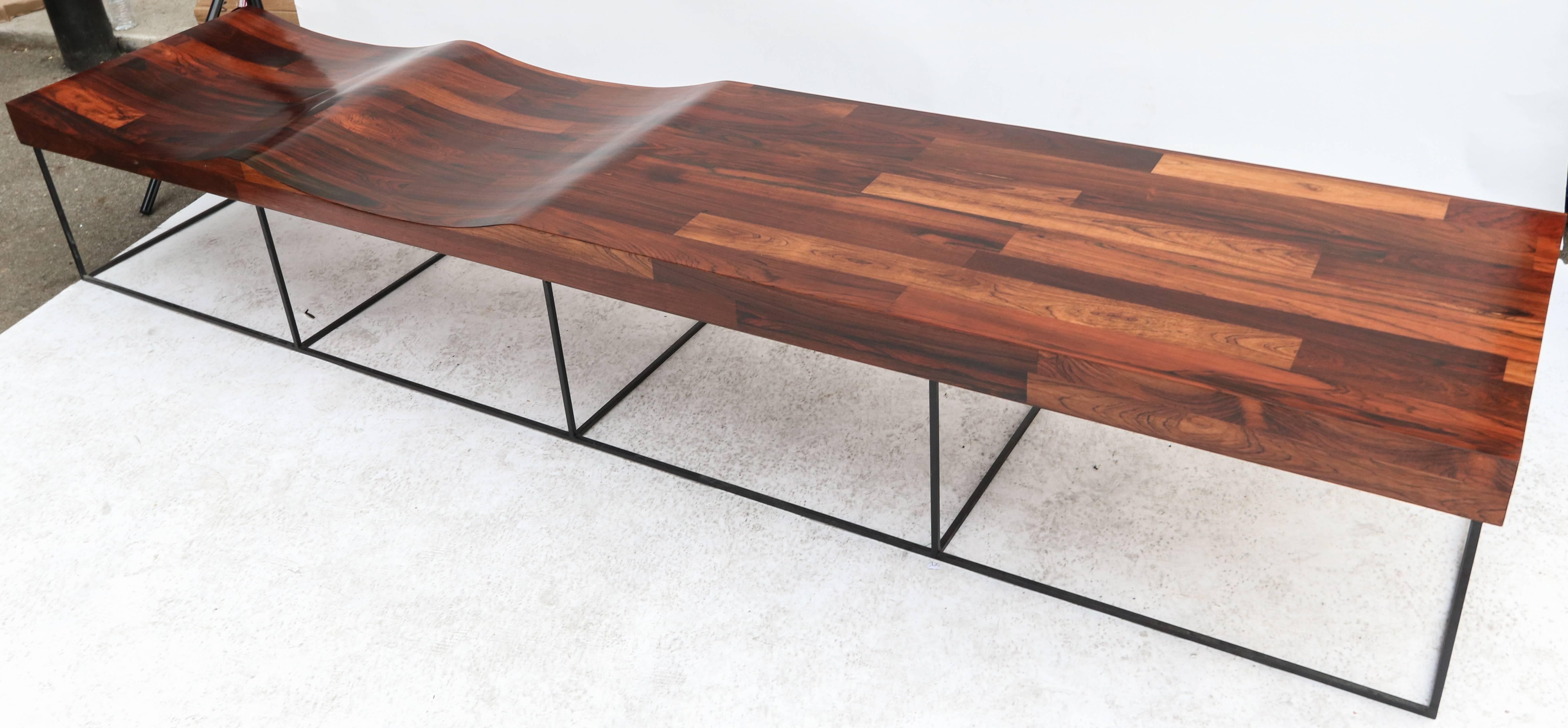 102 bench by Jorge Zalszupin from the 1960s in parquet Brazilian jacaranda wood with two-seat and black metal base.