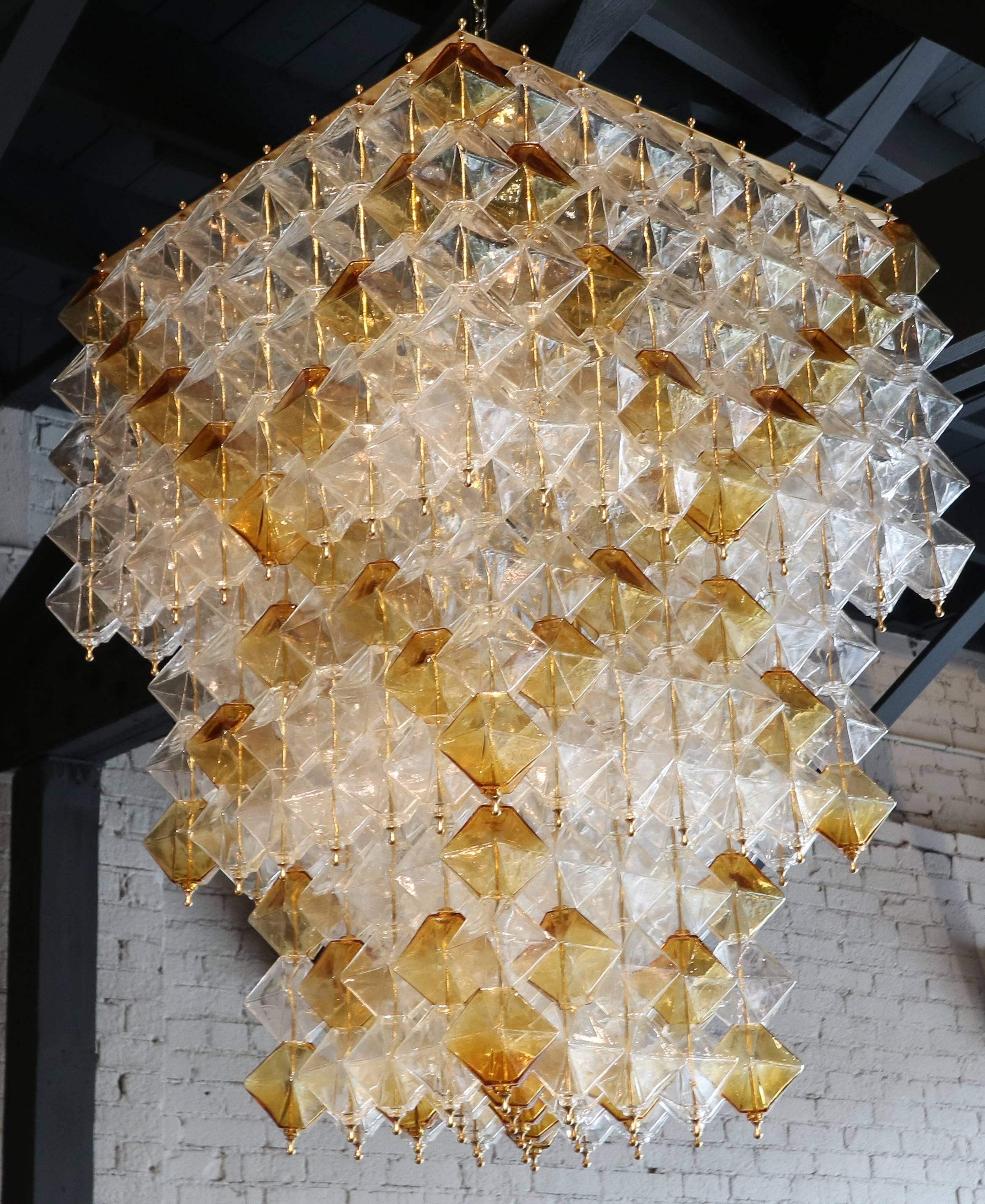 Orange and Clear Murano Glass Tiered Chandelier In Good Condition In Los Angeles, CA